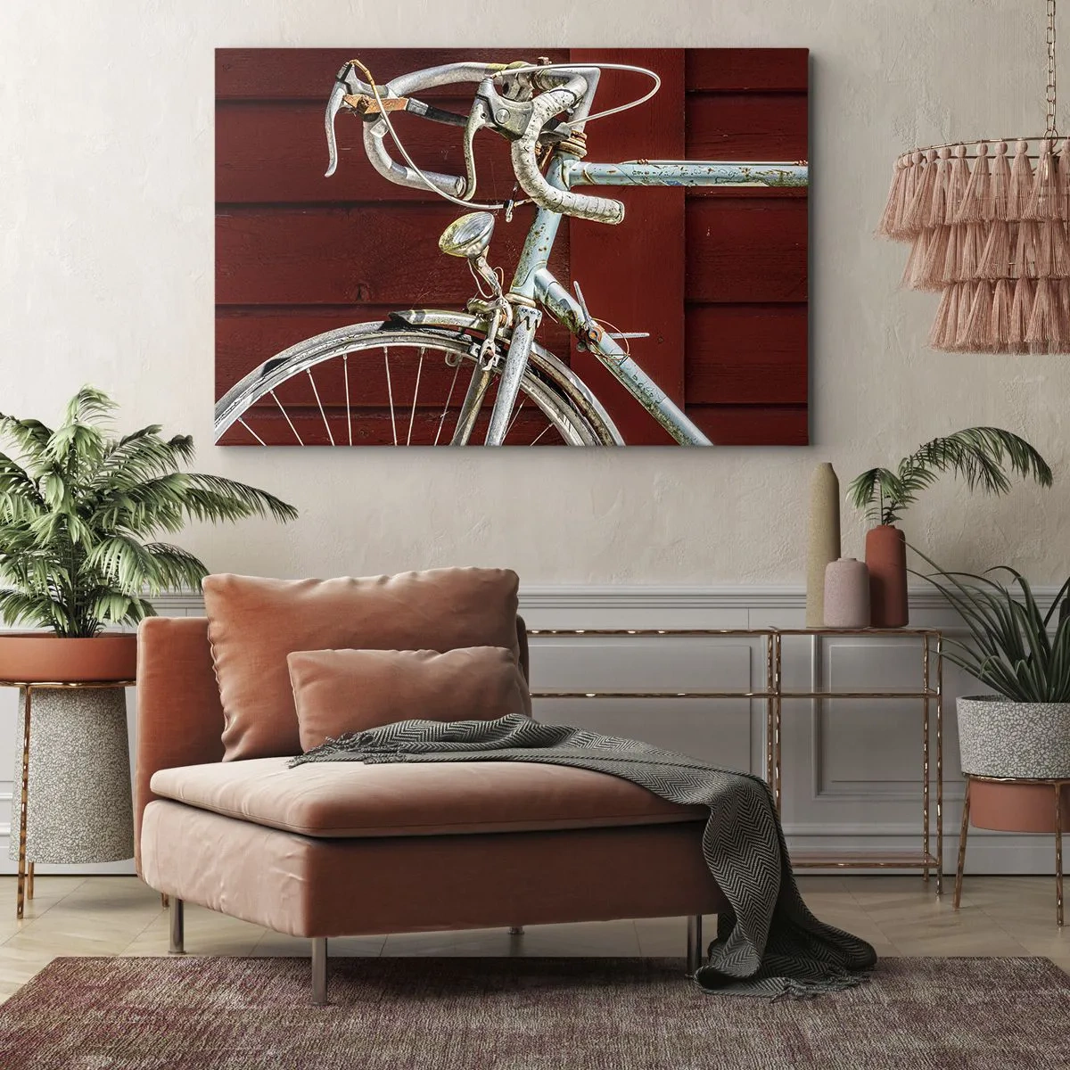 Impression sur toile - Image sur toile - Un vélo vintage contre un mur en bois rouge - 70x50cm - Construit pour la victoire - Décoration murale moderne pour le salon et la chambre ARTTOR