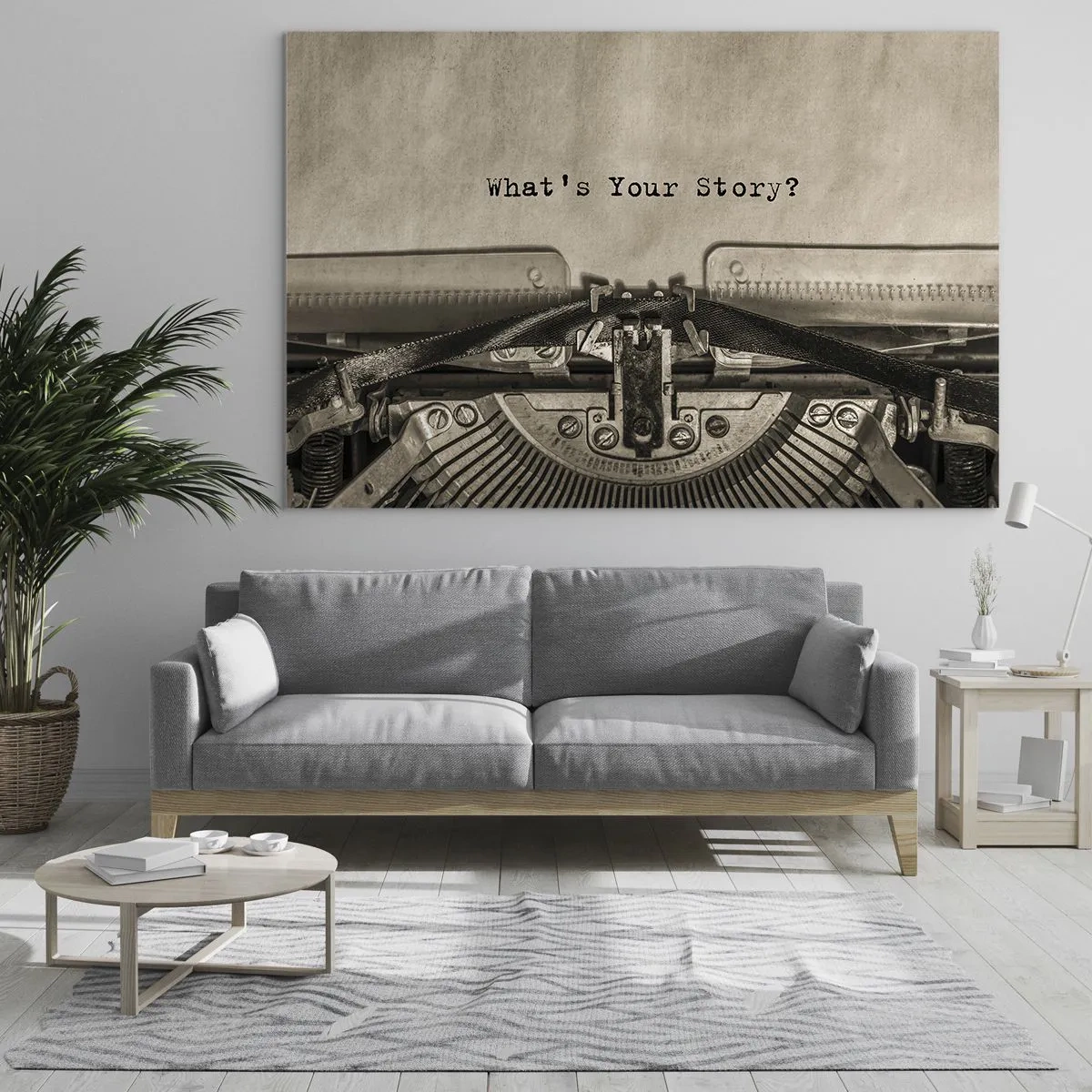 Impression sur verre - Image sur verre - Gros plan d'une machine à écrire avec le texte « Quelle est votre histoire ? » - 70x50cm - Réponds-moi - Décoration murale moderne pour le salon et la chambre ARTTOR