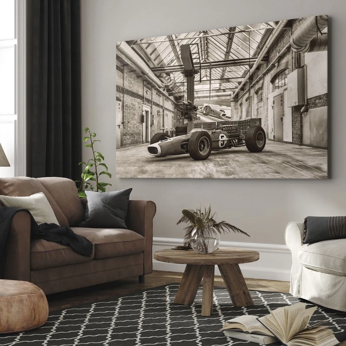 Impression sur toile - Image sur toile - Voiture de course noire et blanche dans un intérieur industriel - 70x50cm - Le repos du guerrier - Décoration murale moderne pour le salon et la chambre ARTTOR