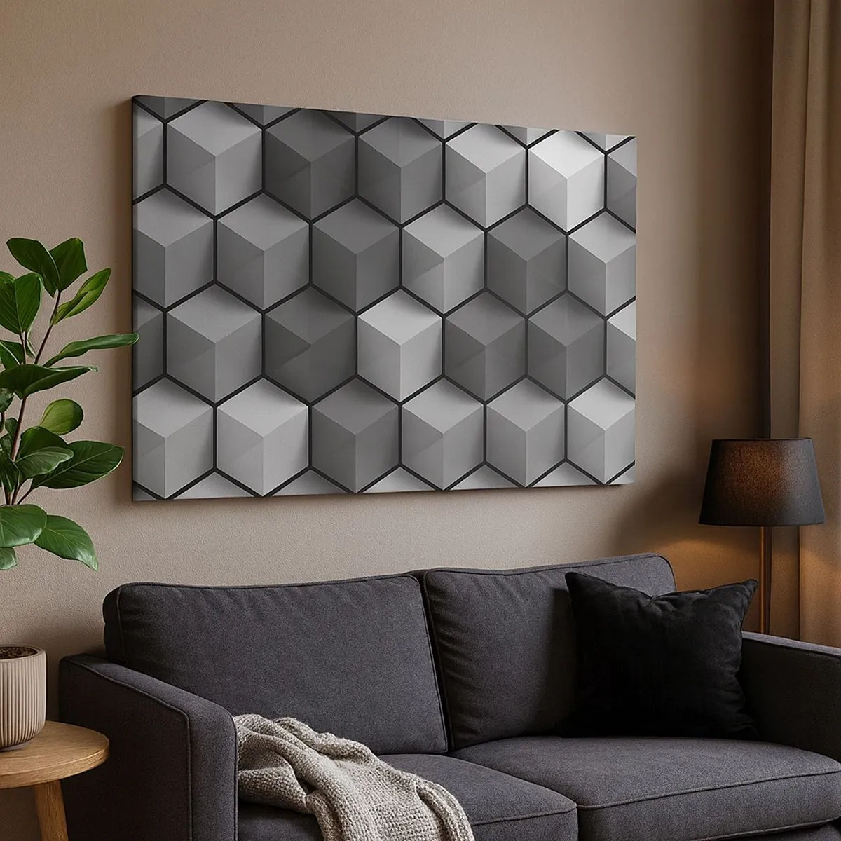 Impression sur toile - Image sur toile - Composition géométrique de cubes dans les tons de gris et de noir - 70x50cm - Puzzle cubiste - Décoration murale moderne pour le salon et la chambre ARTTOR