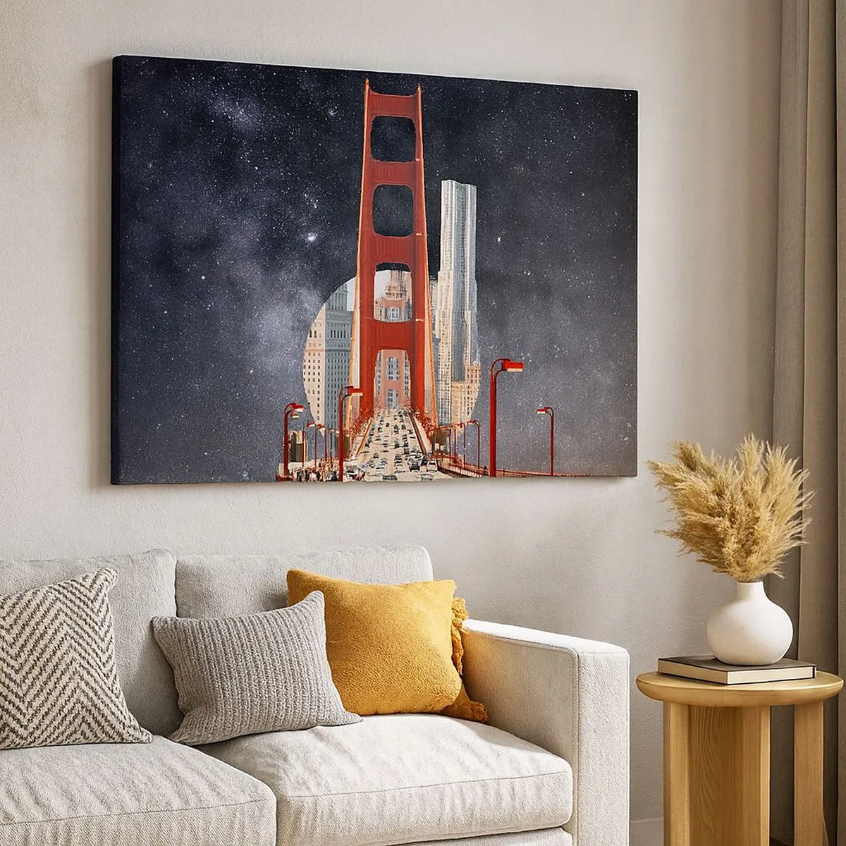 Impression sur toile - Image sur toile - Le Golden Gate Bridge avec la ville en arrière-plan contre un ciel étoilé - 70x50cm - Toujours au centre - Décoration murale moderne pour le salon et la chambre ARTTOR