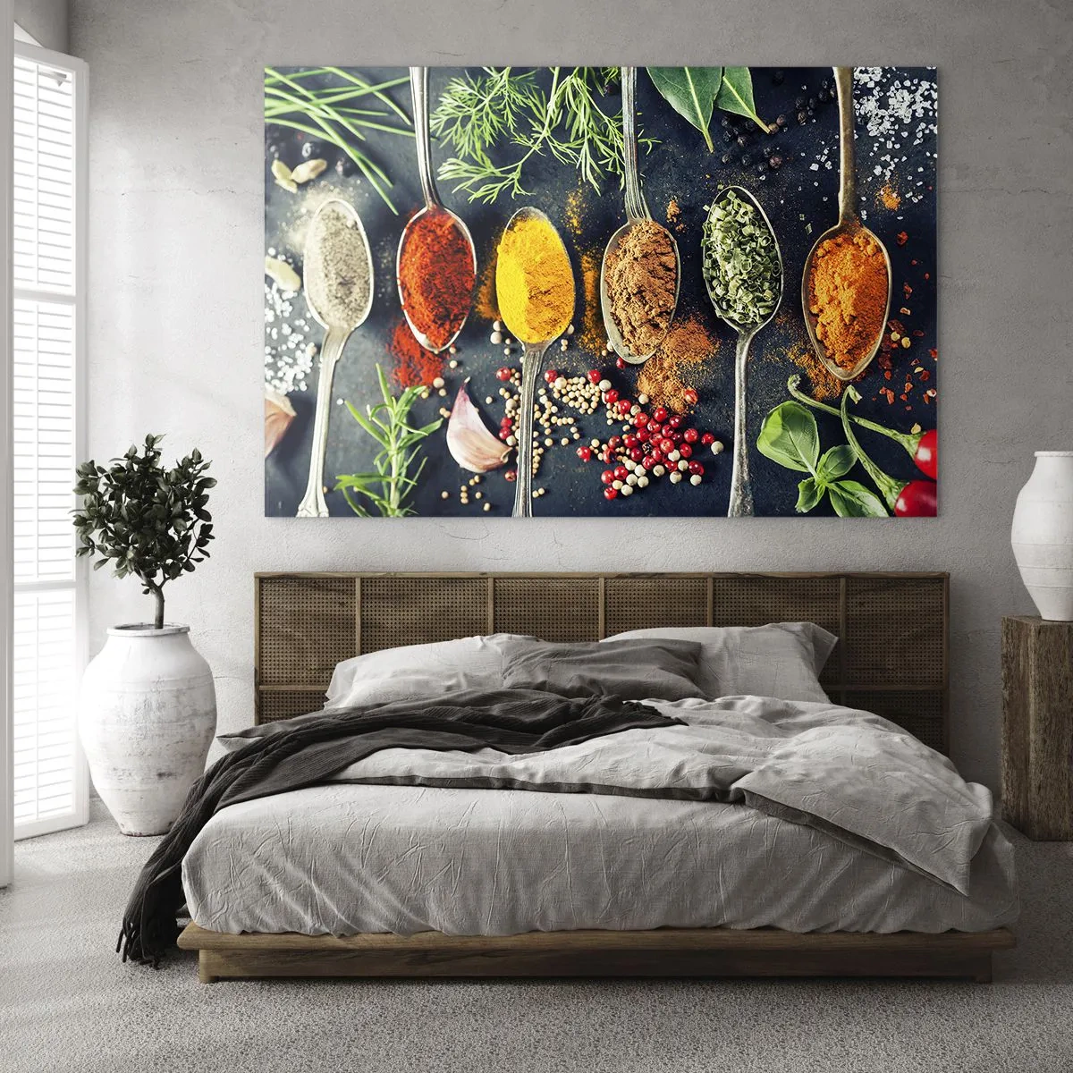 Impression sur verre - Image sur verre - Épices colorées dans des cuillères entourées d'herbes fraîches et de légumes - 70x50cm - Magie culinaire - Décoration murale moderne pour le salon et la chambre ARTTOR