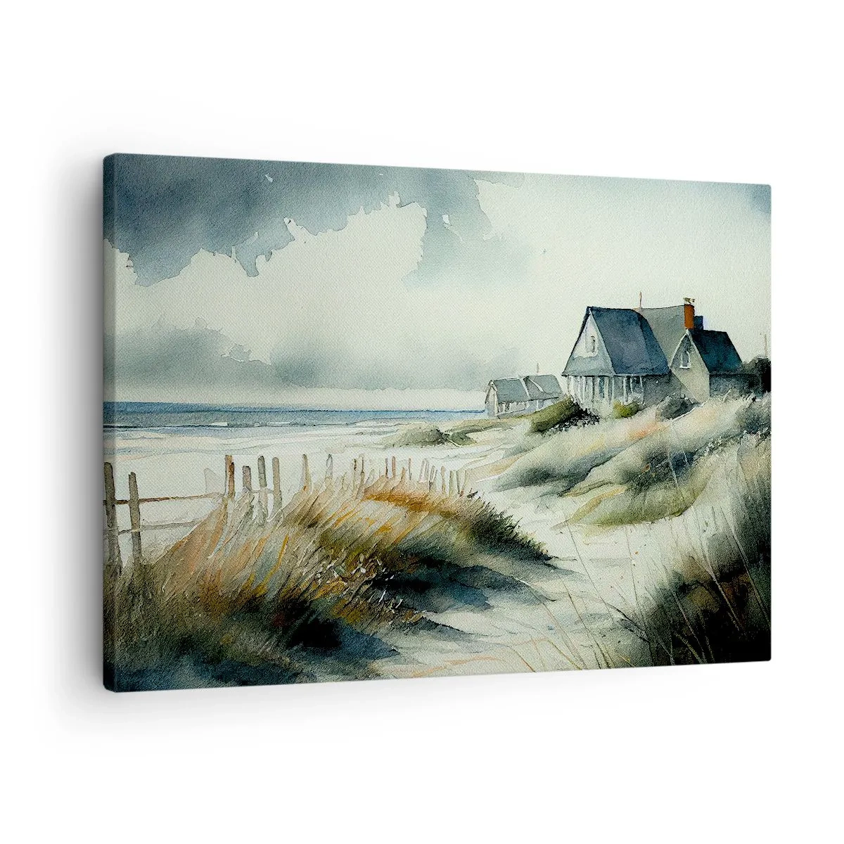 Impression sur toile - Image sur toile - Une maison de bord de mer entourée d'herbe et surplombant la mer - 70x50cm - Loin de l'agitation - Décoration murale moderne pour le salon et la chambre ARTTOR