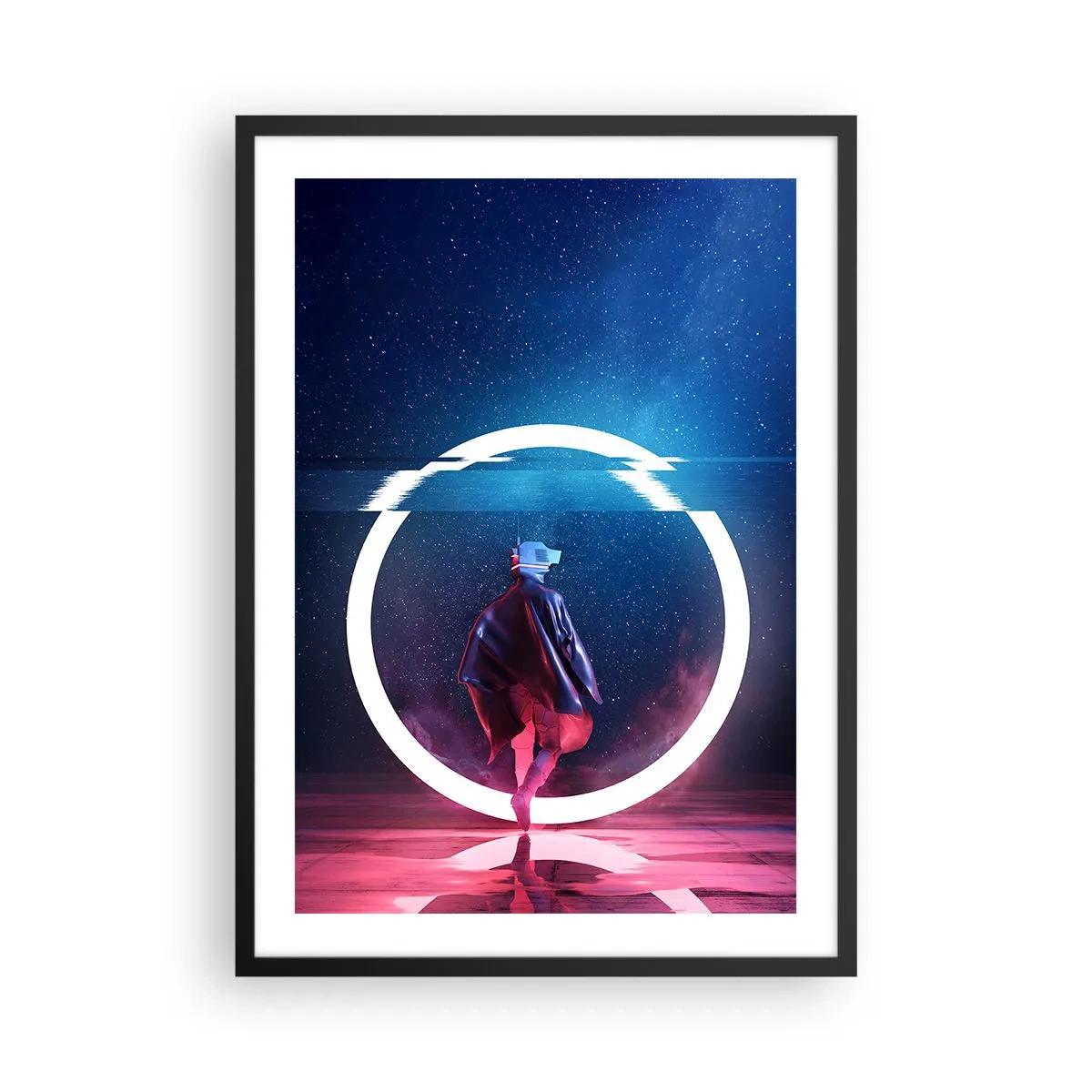 Affiche dans un cadre noir - Poster - Une silhouette dans une tenue futuriste et des lunettes VR sur fond de cercle de lumière - 50x70cm - Entre deux mondes - Décoration murale moderne pour le salon et la chambre ARTTOR
