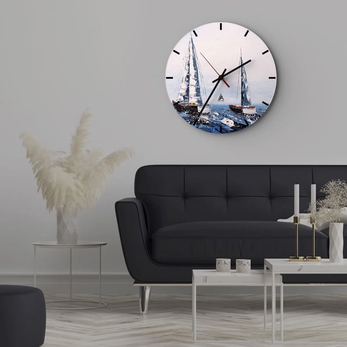 Horloge murale - Pendule murale - Deux voiliers sur une mer agitée dans un style pictural - 30x30cm - Confrérie du vent - Décoration murale moderne pour le salon, la cuisine et la chambre ARTTOR
