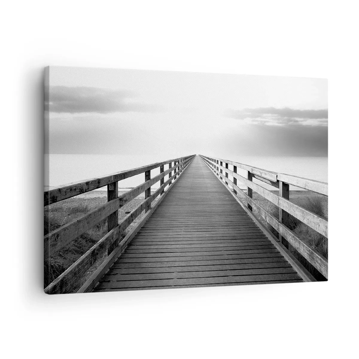 Impression sur toile - Image sur toile - Une image en noir et blanc d'une jetée en bois menant vers l'horizon. - 70x50cm - A perte de vue... - Décoration murale moderne pour le salon et la chambre ARTTOR