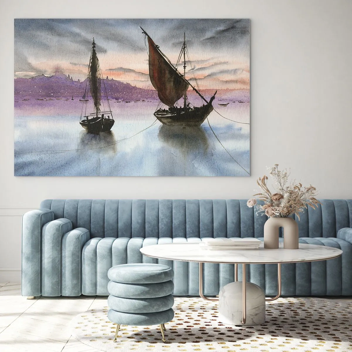 Impression sur verre - Image sur verre - Deux voiliers sur une eau calme au coucher du soleil - 70x50cm - Soirée au port - Décoration murale moderne pour le salon et la chambre ARTTOR