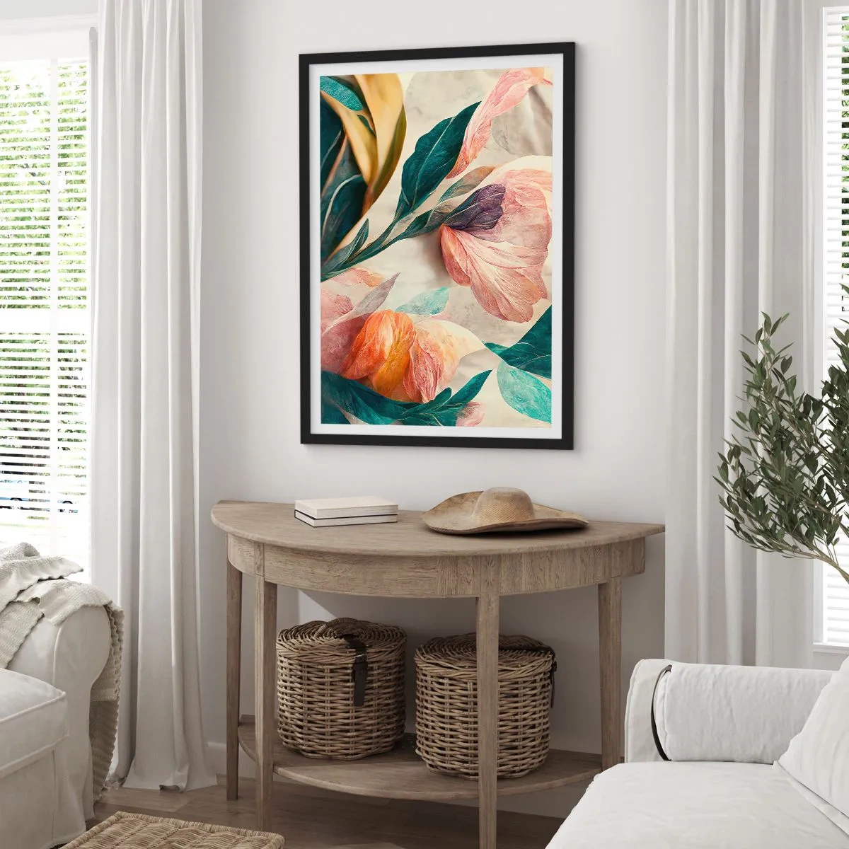 Affiche dans un cadre noir - Poster - Fleurs et feuilles colorées dans une composition artistique - 50x70cm - Fleurs des îles du sud - Décoration murale moderne pour le salon et la chambre ARTTOR