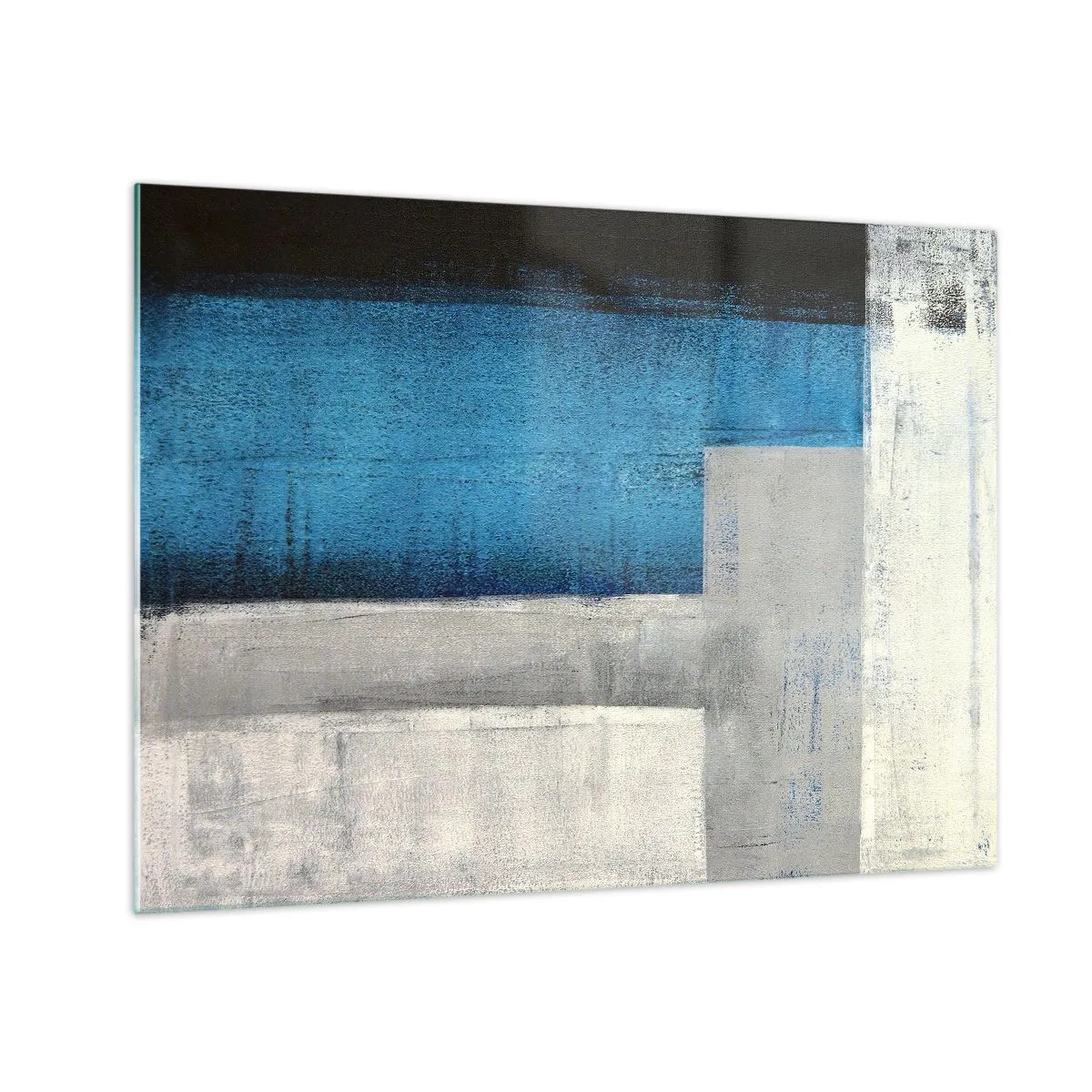 Impression sur verre - Image sur verre - Abstraction géométrique en bleu, gris et blanc - 70x50cm - Une composition poétique de gris et de bleu - Décoration murale moderne pour le salon et la chambre ARTTOR