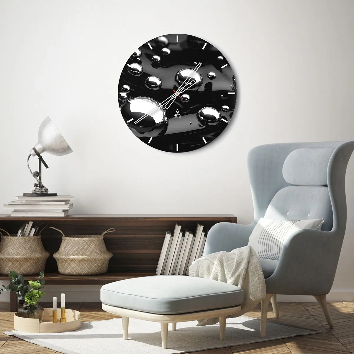 Horloge murale - Pendule murale - Fond noir avec des gouttes d'eau scintillantes - 30x30cm - D'un ton noir - Décoration murale moderne pour le salon, la cuisine et la chambre ARTTOR