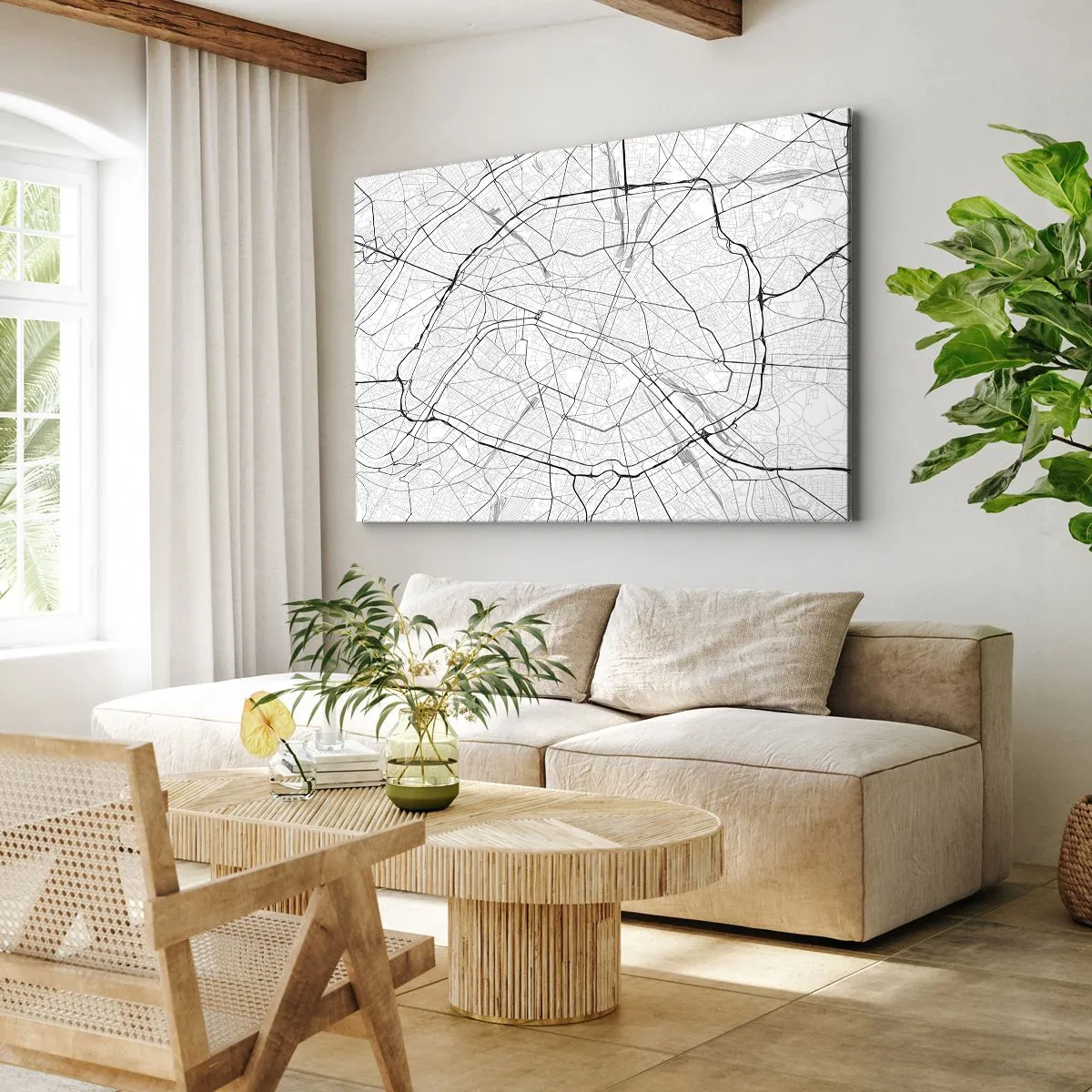 Impression sur toile - Image sur toile - Plan de ville minimaliste en noir et blanc - 70x50cm - Fleur de Paris - Décoration murale moderne pour le salon et la chambre ARTTOR