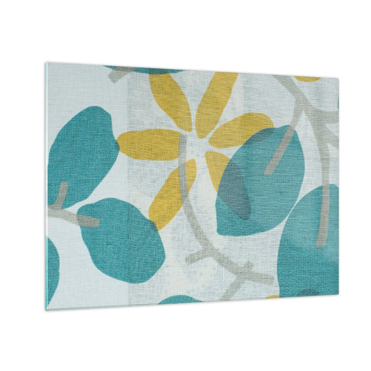 Impression sur verre - Image sur verre - Un graphique végétal avec des feuilles azur et des fleurs jaunes - 70x50cm - Wśród lazurowych liści - Décoration murale moderne pour le salon et la chambre ARTTOR