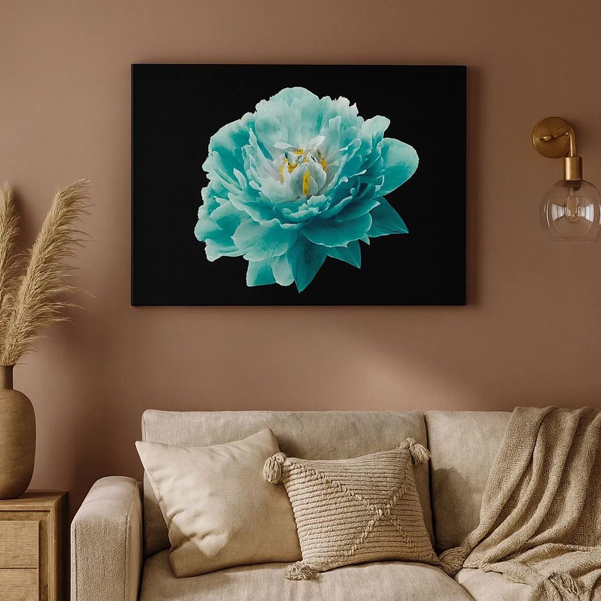 Impression sur toile - Image sur toile - Fleur de pivoine turquoise sur fond noir - 70x50cm - Pétales bleus et dorés - Décoration murale moderne pour le salon et la chambre ARTTOR