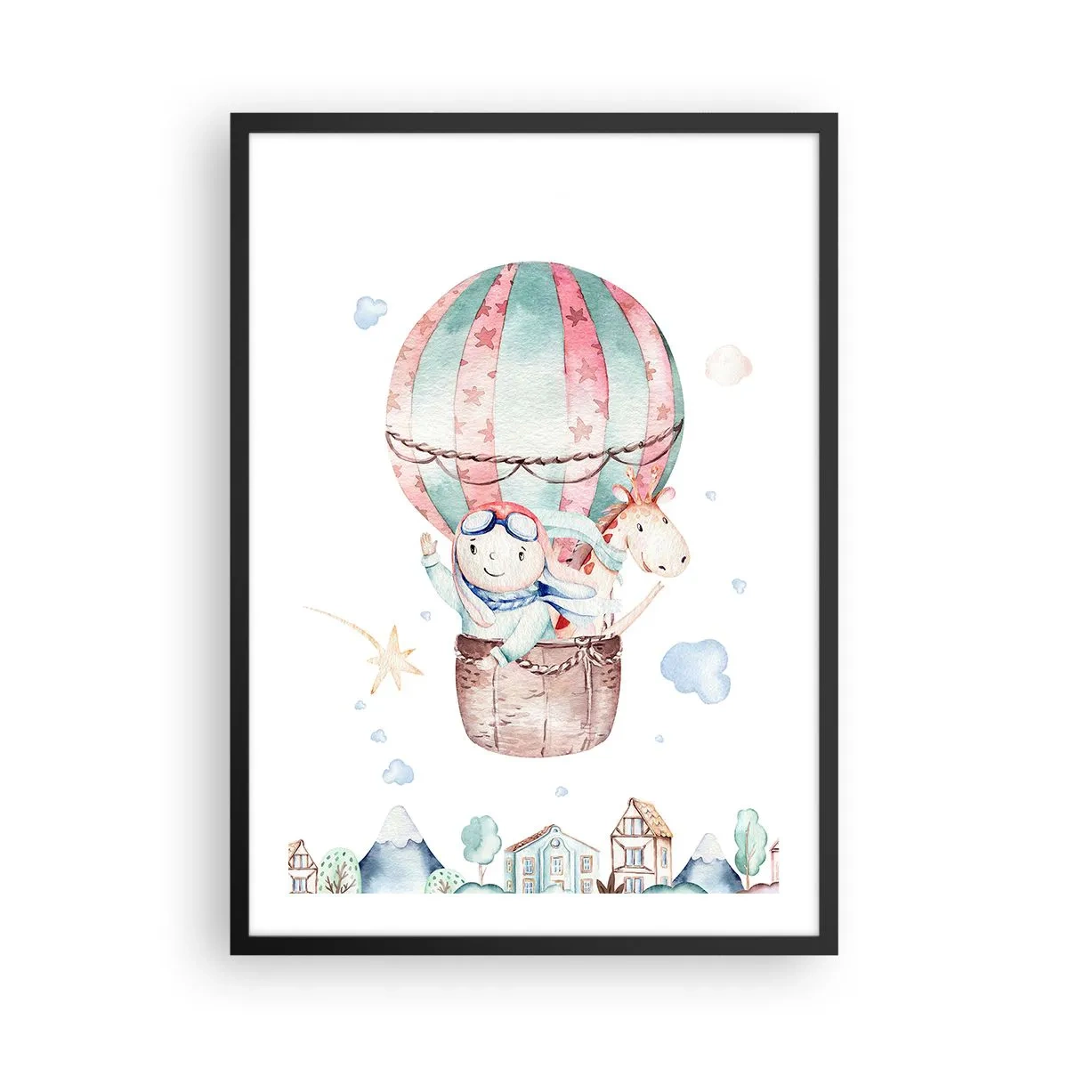Affiche dans un cadre noir - Poster - Une jolie illustration d'un ours en peluche volant dans un ballon au-dessus d'une ville - 50x70cm - Nous serons de retour bientôt! - Décoration murale moderne pour le salon et la chambre ARTTOR