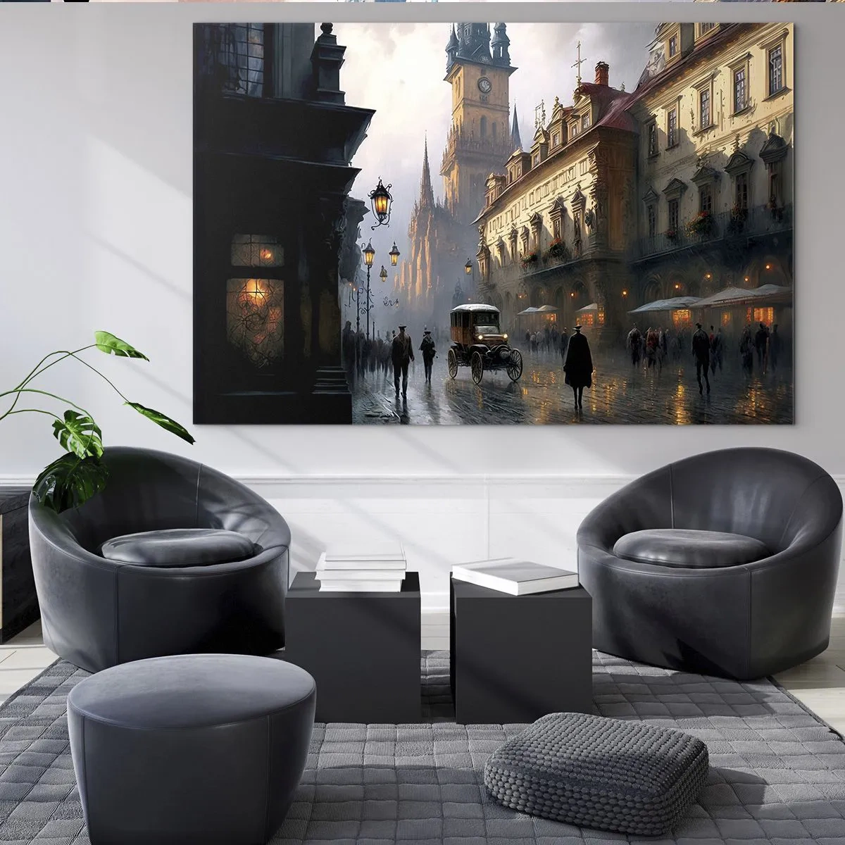 Impression sur verre - Image sur verre - Une rue historique éclairée par des lanternes au crépuscule - 70x50cm - Le charme d'une soirée pragoise - Décoration murale moderne pour le salon et la chambre ARTTOR