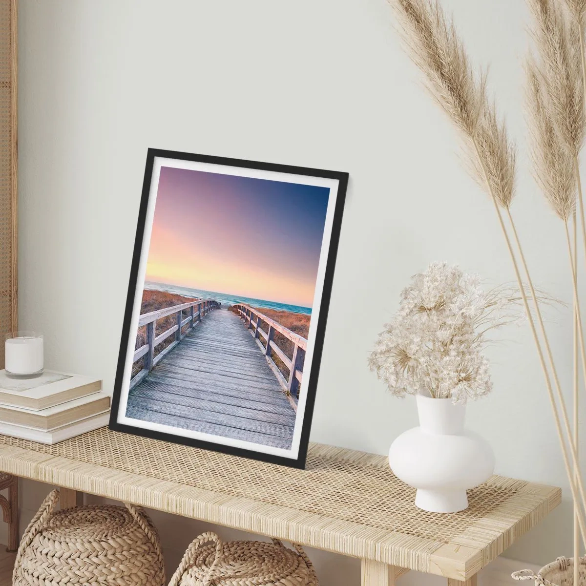 Affiche dans un cadre noir - Poster - Une jetée en bois menant à la mer au coucher du soleil - 50x70cm - Aurore baltique du soir - Décoration murale moderne pour le salon et la chambre ARTTOR