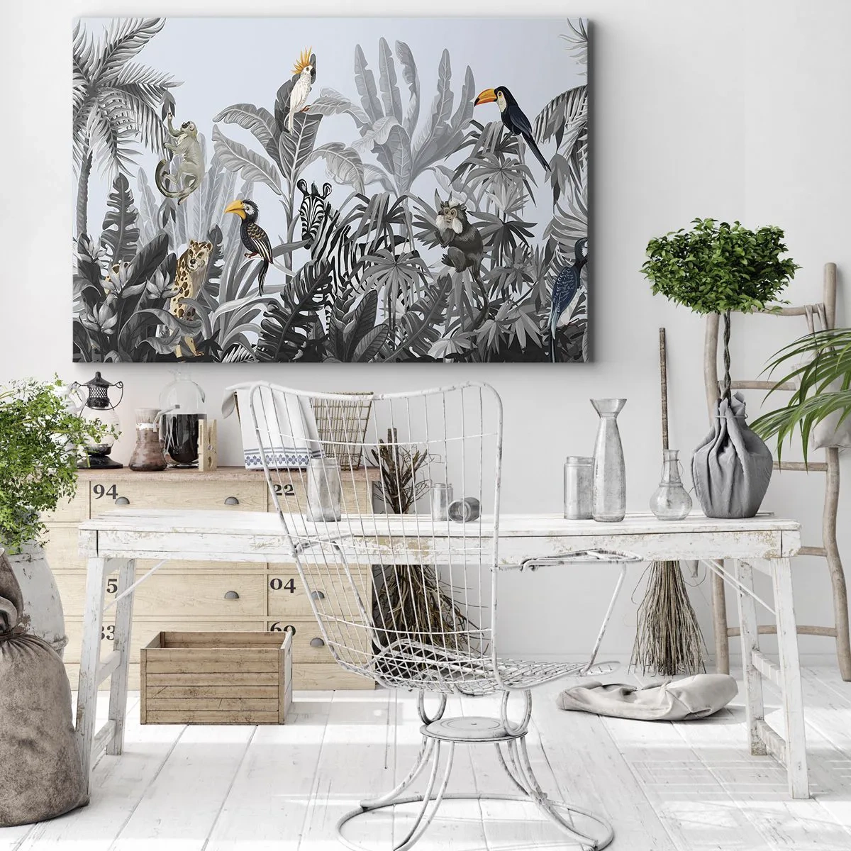 Impression sur toile - Image sur toile - Jungle tropicale avec des animaux exotiques sur fond gris - 70x50cm - Conte de fées africain - Décoration murale moderne pour le salon et la chambre ARTTOR