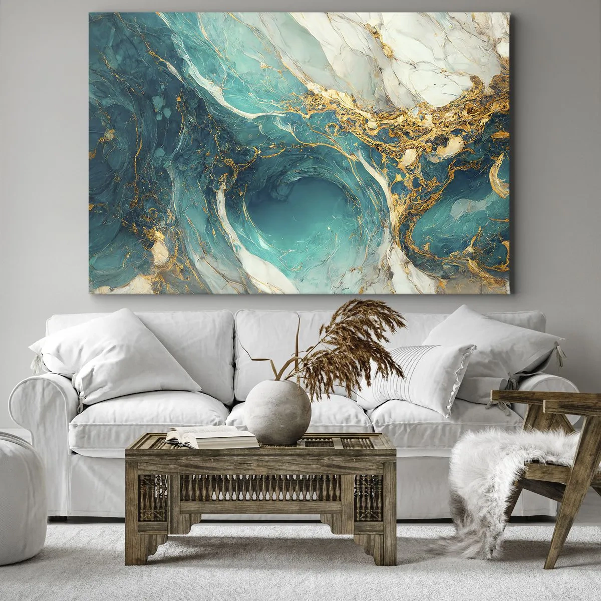 Impression sur toile - Image sur toile - Une composition abstraite dans des tons turquoise et or. - 70x50cm - Composition en veines d'or - Décoration murale moderne pour le salon et la chambre ARTTOR