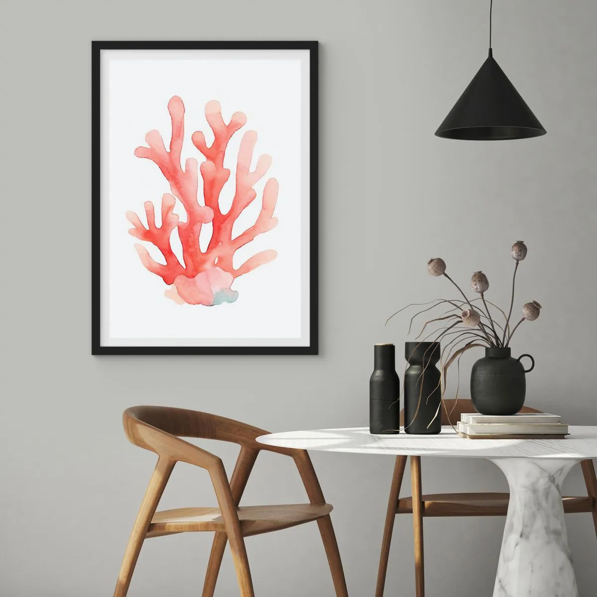 Affiche dans un cadre noir - Poster - Illustration à l'aquarelle de corail rouge sur fond blanc - 50x70cm - Corail couleur corail - Décoration murale moderne pour le salon et la chambre ARTTOR