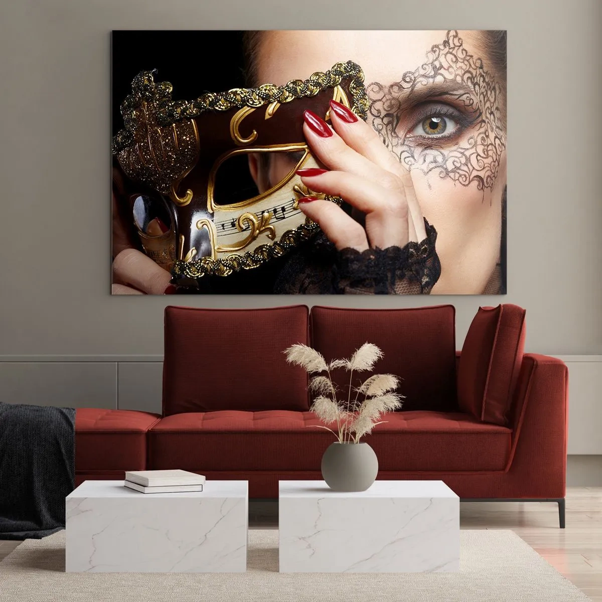 Impression sur verre - Image sur verre - Un masque vénitien doré sur le visage d'une femme - 70x50cm - Mon monde est baroque - Décoration murale moderne pour le salon et la chambre ARTTOR