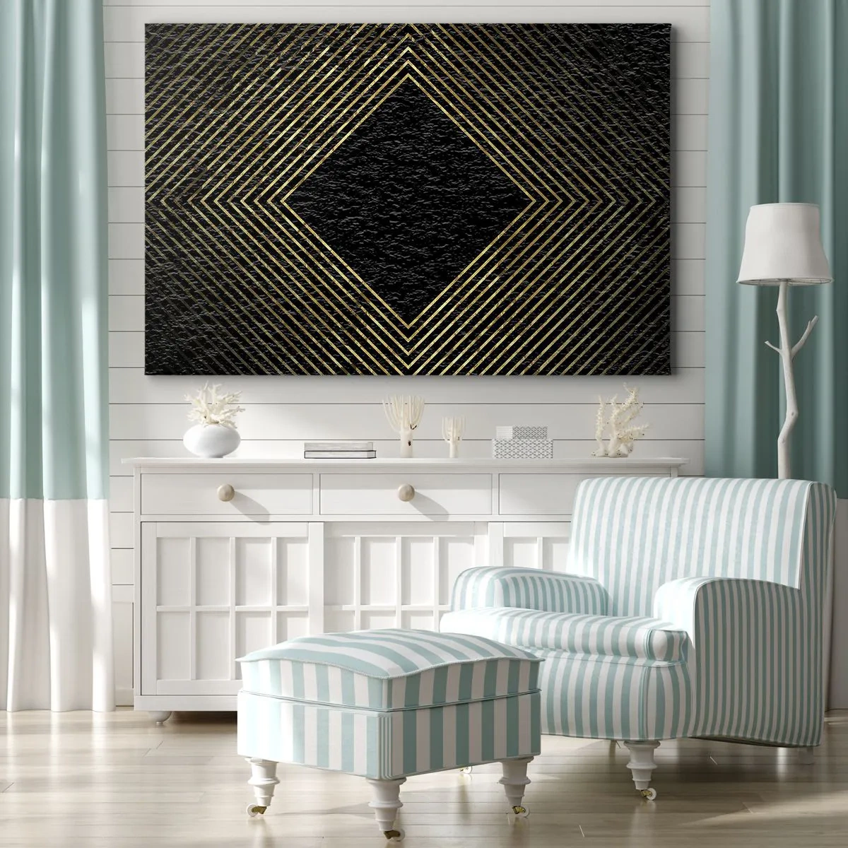 Impression sur toile - Image sur toile - Fond noir avec un motif géométrique de lignes dorées - 70x50cm - Géométrie dans un style glamour - Décoration murale moderne pour le salon et la chambre ARTTOR