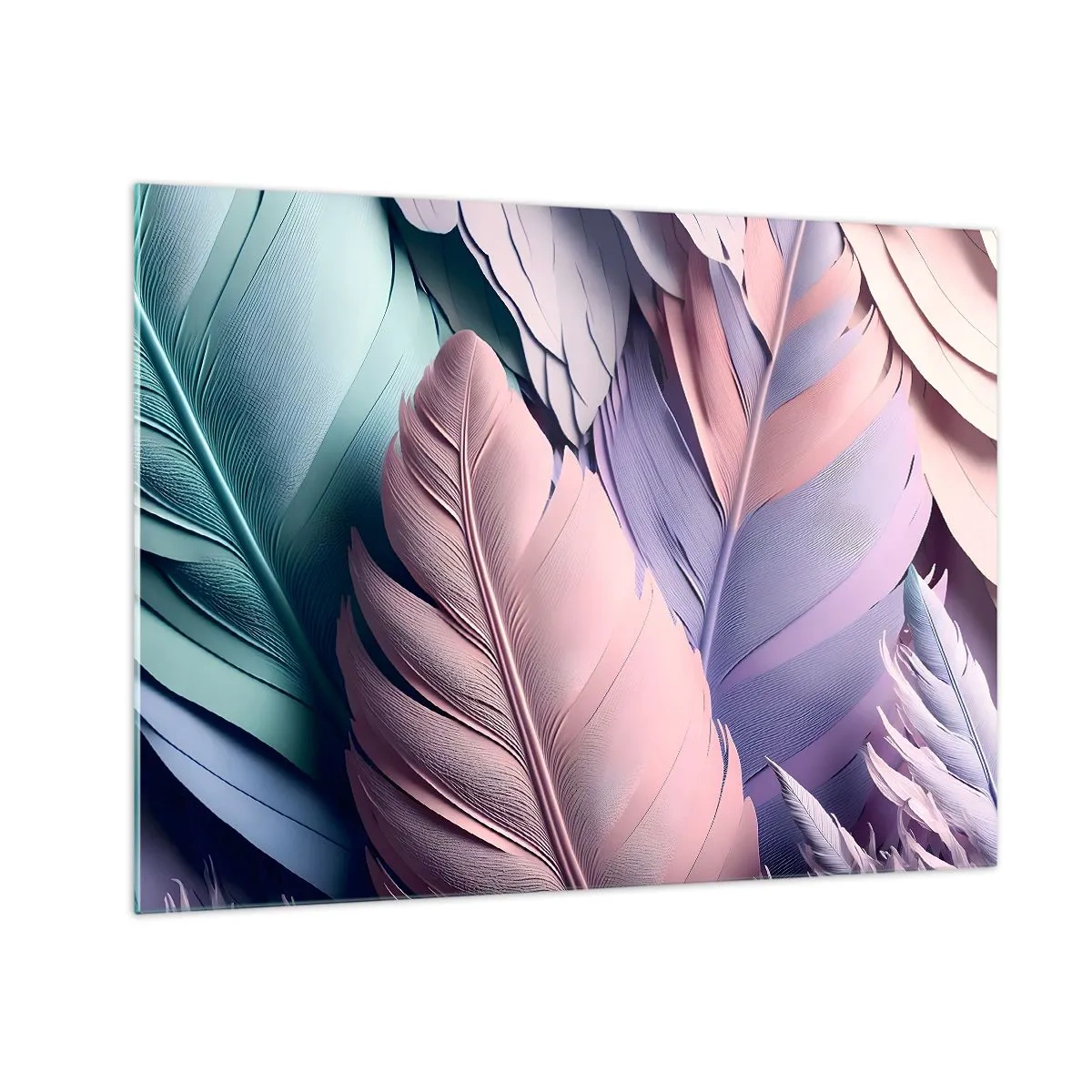 Impression sur verre - Image sur verre - Plumes pastel dans les tons de rose, violet et turquoise - 70x50cm - Oiseau chic - Décoration murale moderne pour le salon et la chambre ARTTOR