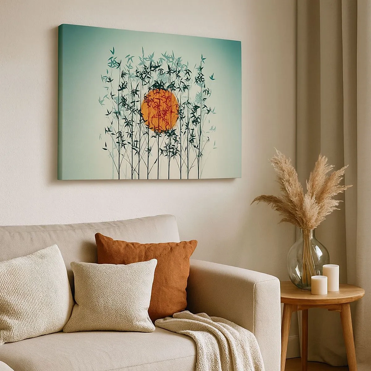Impression sur toile - Image sur toile - Soleil orange parmi les branches de bambou - 70x50cm - Soleil japonnais - Décoration murale moderne pour le salon et la chambre ARTTOR