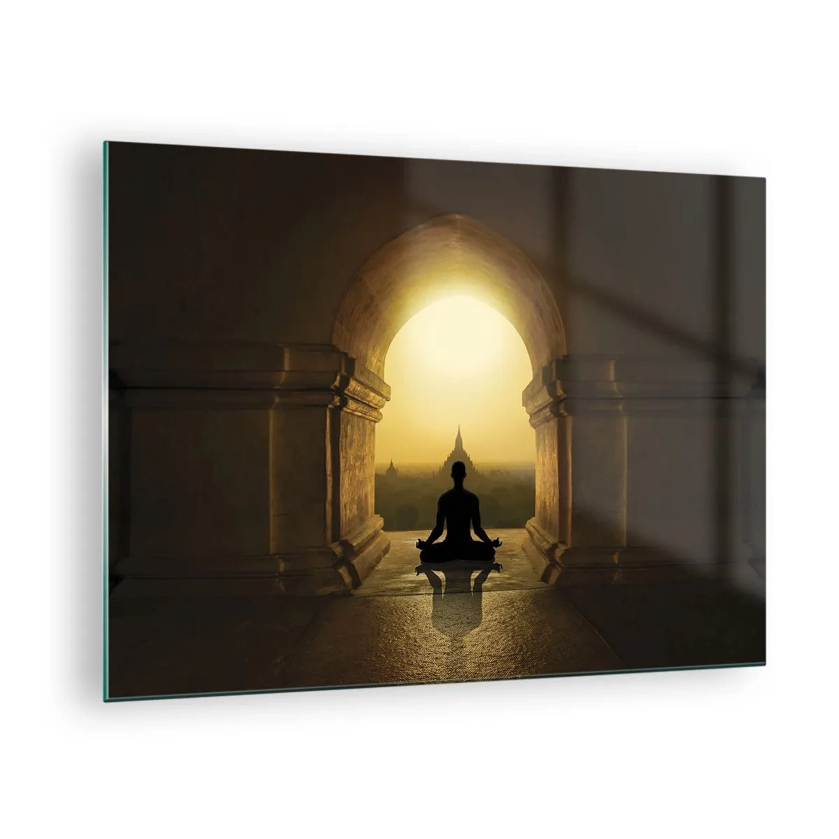 Impression sur verre - Image sur verre - Silhouette d'une personne méditant à la lumière du soleil couchant dans une arche architecturale - 70x50cm - Pleine harmonie - Décoration murale moderne pour le salon et la chambre ARTTOR