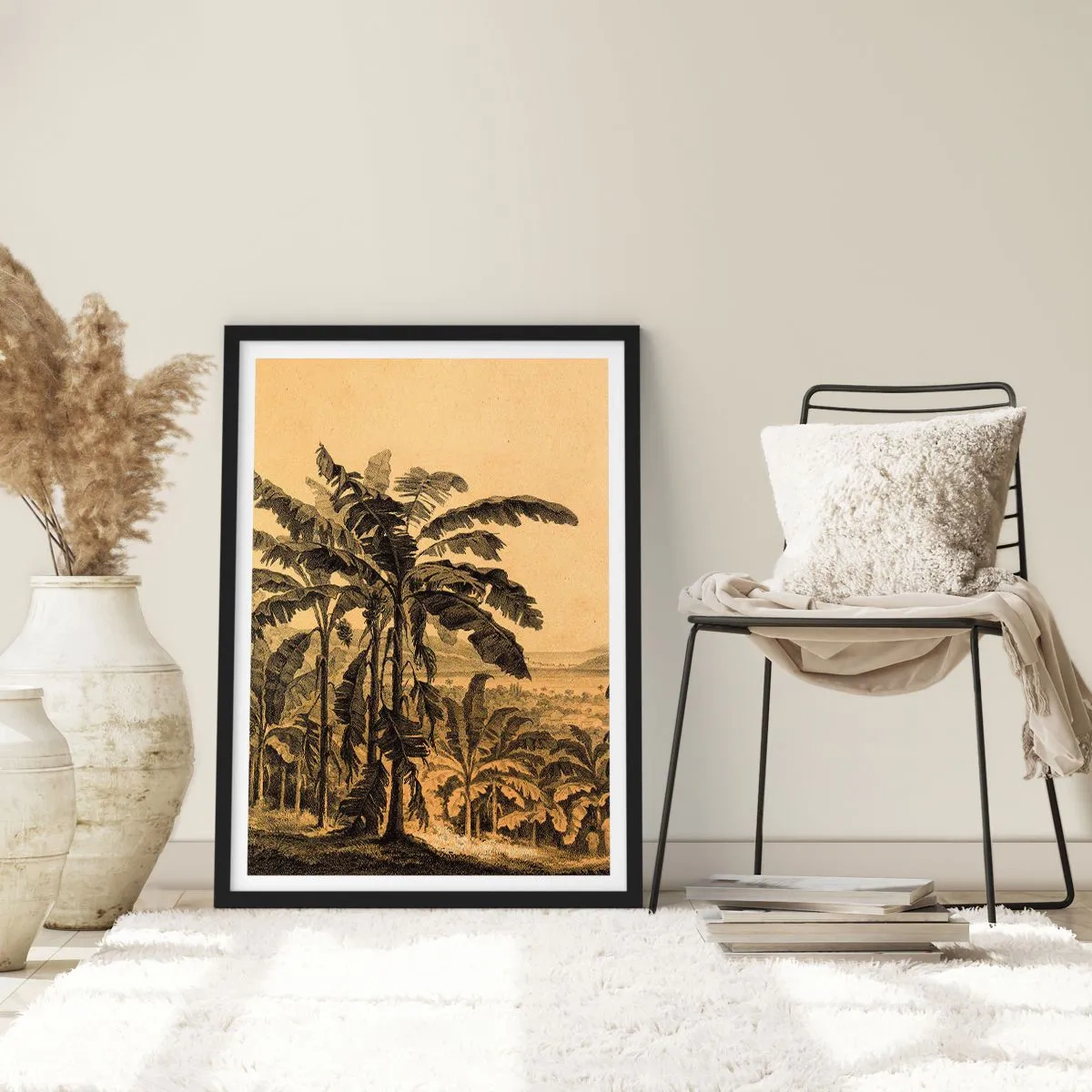Affiche dans un cadre noir - Poster - Illustration de palmiers sur fond de paysage tropical - 50x70cm - Dans un climat colonial - Décoration murale moderne pour le salon et la chambre ARTTOR