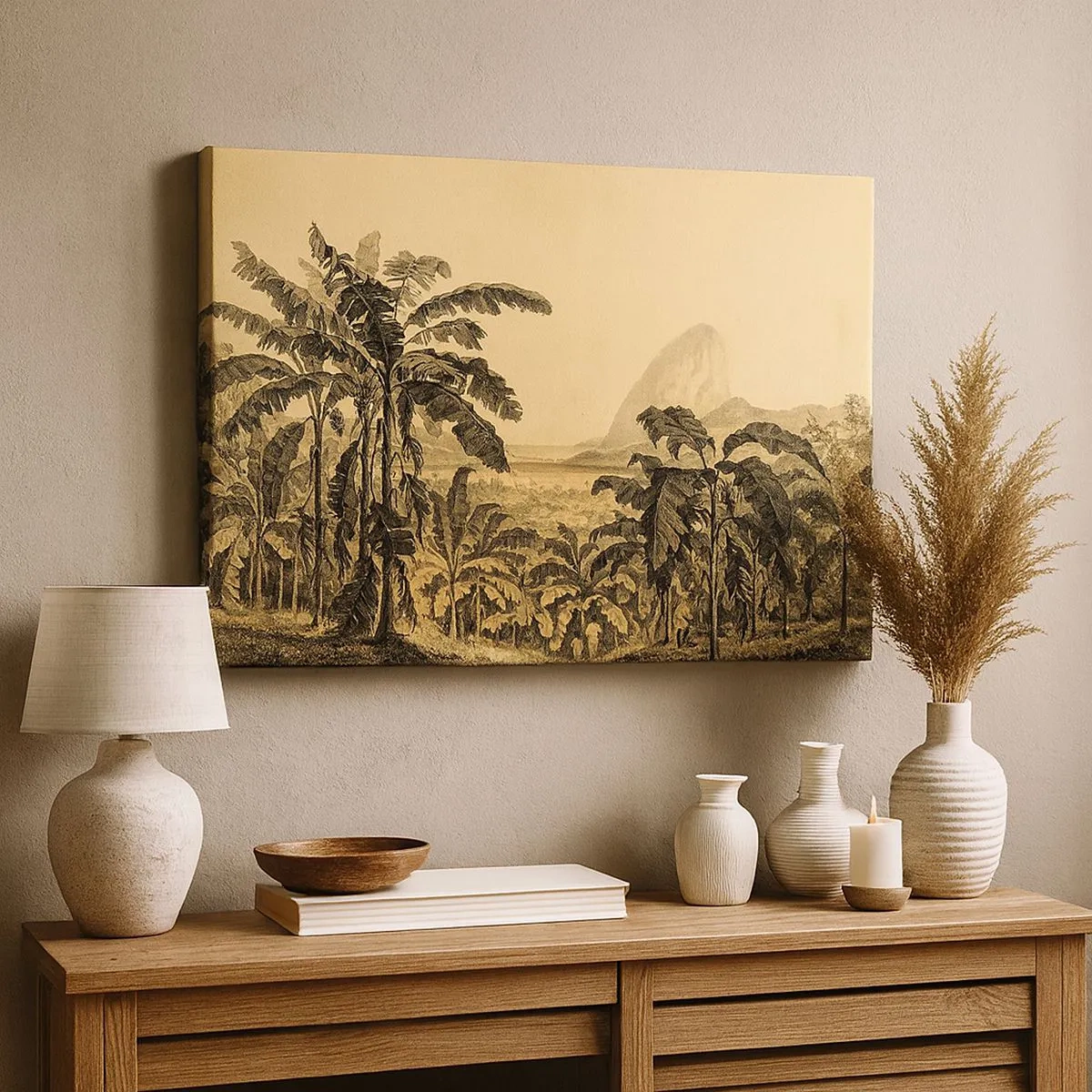 Impression sur toile - Image sur toile - Dessin de bananiers sur fond de paysage tropical - 70x50cm - Dans un climat colonial - Décoration murale moderne pour le salon et la chambre ARTTOR