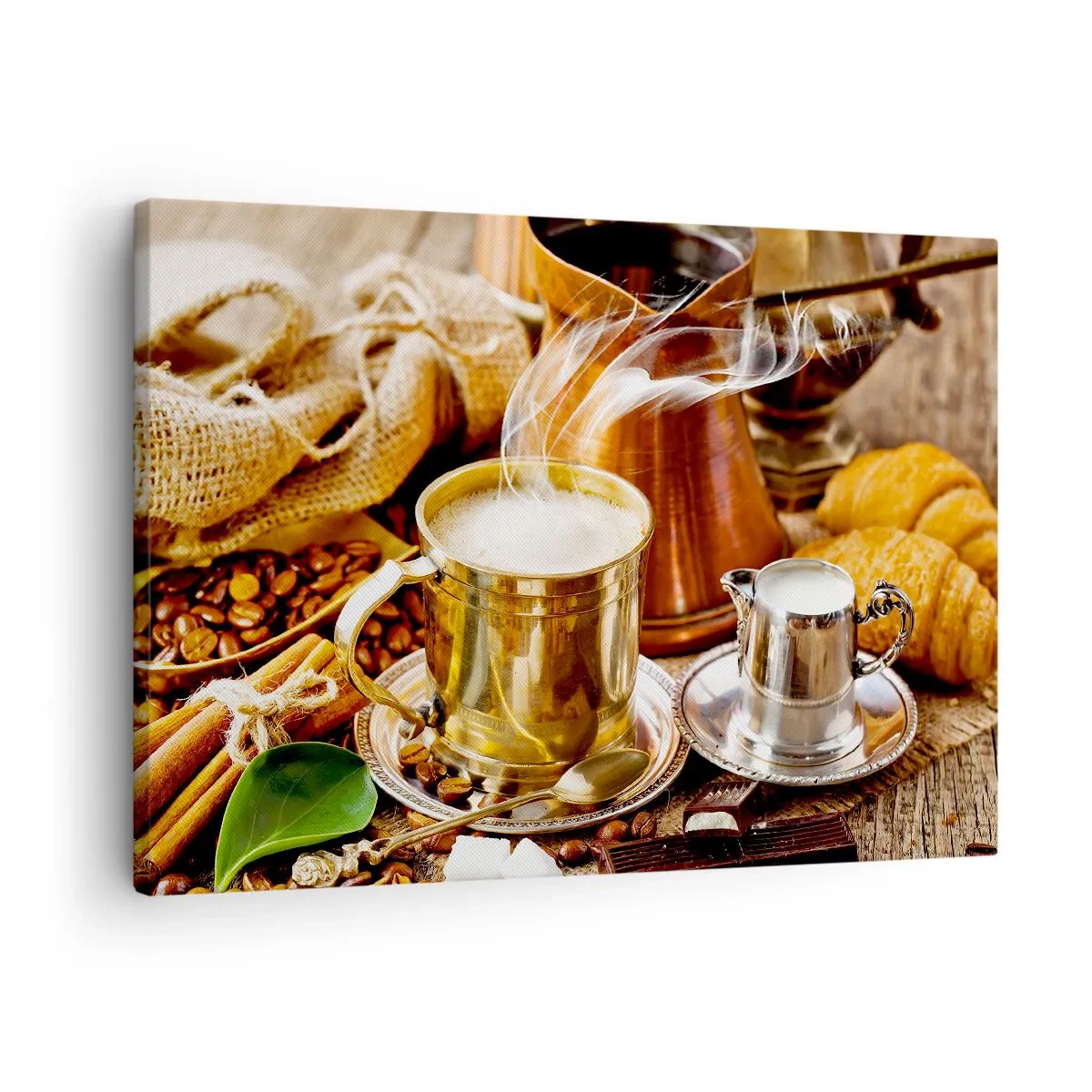 Impression sur toile - Image sur toile - Une tasse de café dorée entourée de grains, de cruches et de croissants - 70x50cm - Bonne journée! - Décoration murale moderne pour le salon et la chambre ARTTOR