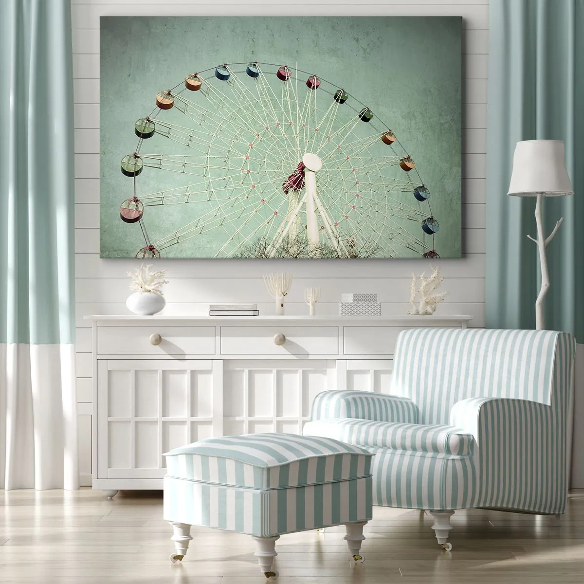 Impression sur toile - Image sur toile - Une grande roue colorée contre un ciel bleu dans un style rétro - 70x50cm - Nous vous invitons à vous amuser - Décoration murale moderne pour le salon et la chambre ARTTOR