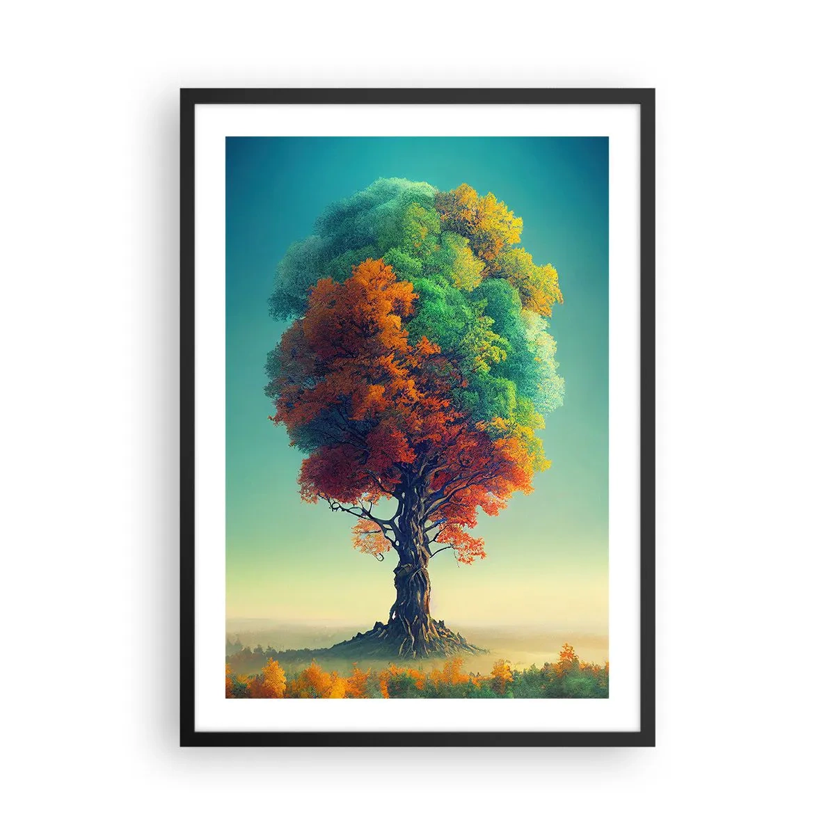Affiche dans un cadre noir - Poster - Un arbre aux couleurs des quatre saisons - 50x70cm - Le chêne – le père de la nature - Décoration murale moderne pour le salon et la chambre ARTTOR