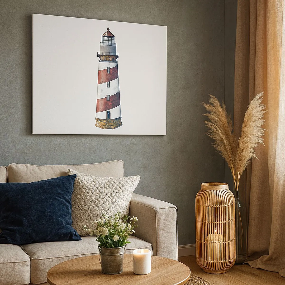 Impression sur toile - Image sur toile - Une image de dessin animé d'un phare avec des rayures rouges et blanches sur un fond minimaliste. - 70x50cm - Toujours sur ses gardes - Décoration murale moderne pour le salon et la chambre ARTTOR