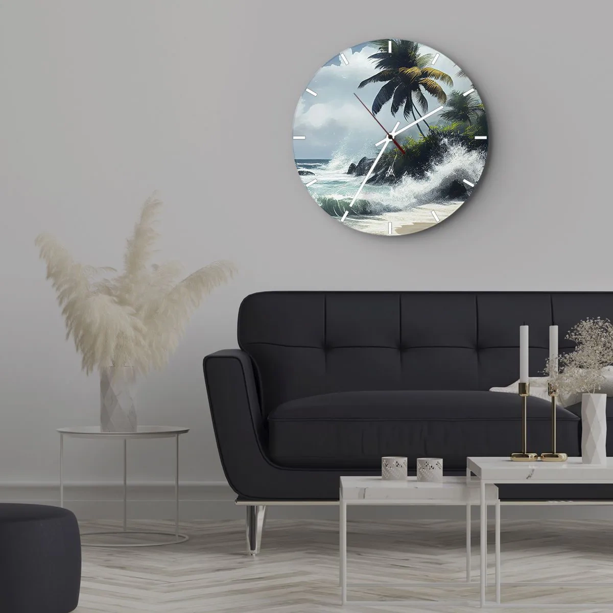 Horloge murale - Pendule murale - Plage tropicale avec palmiers et vagues déferlantes de l'océan - 30x30cm - Sur une côte tropicale - Décoration murale moderne pour le salon, la cuisine et la chambre ARTTOR