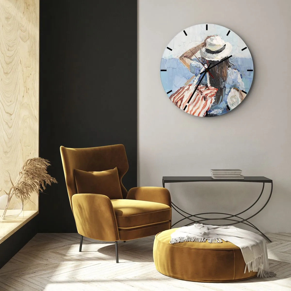 Horloge murale - Pendule murale - Une peinture d'été d'une femme portant un chapeau sur fond de mer - 30x30cm - Bienvenue à vos vacances - Décoration murale moderne pour le salon, la cuisine et la chambre ARTTOR