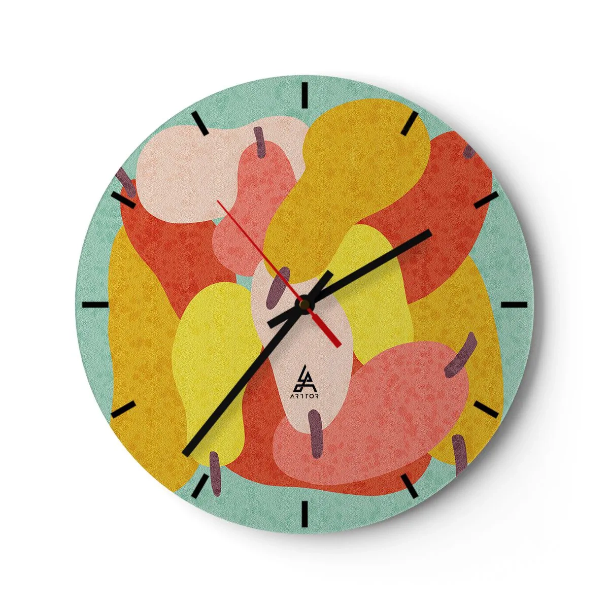 Horloge murale - Pendule murale - Poires colorées dans un style graphique sur fond turquoise - 30x30cm - Essayez le soleil d'été - Décoration murale moderne pour le salon, la cuisine et la chambre ARTTOR
