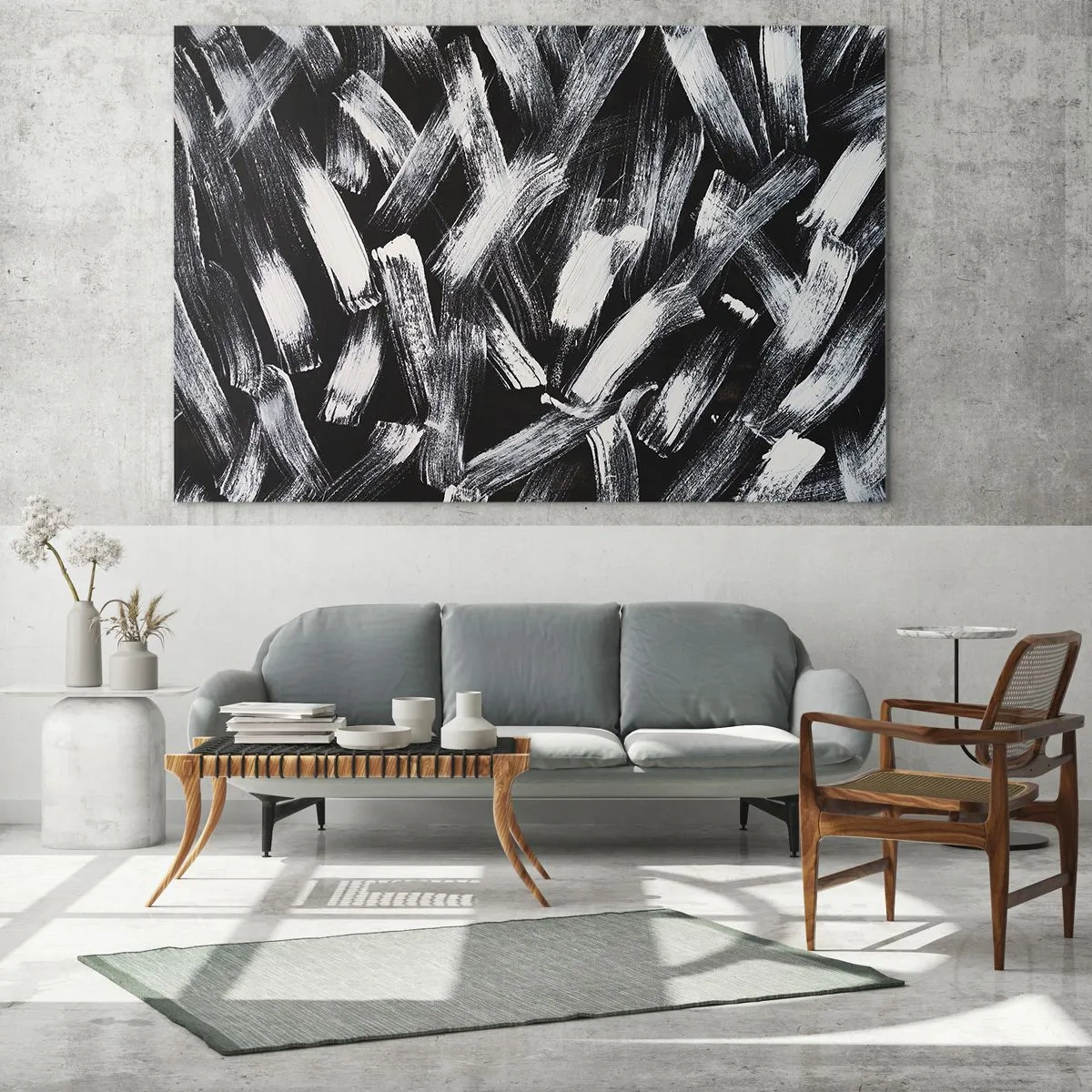 Impression sur verre - Image sur verre - Abstraction en noir et blanc de coups de pinceau sur un fond sombre - 70x50cm - L'abstraction dans l'esprit industriel - Décoration murale moderne pour le salon et la chambre ARTTOR