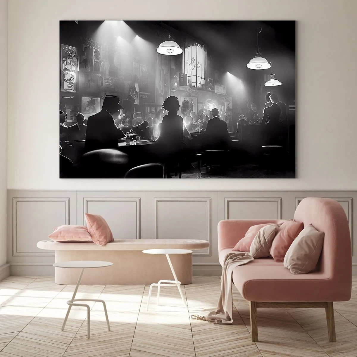 Impression sur verre - Image sur verre - Scène de jazz en noir et blanc dans un intérieur de club - 70x50cm - Dans une ambiance jazz - Décoration murale moderne pour le salon et la chambre ARTTOR