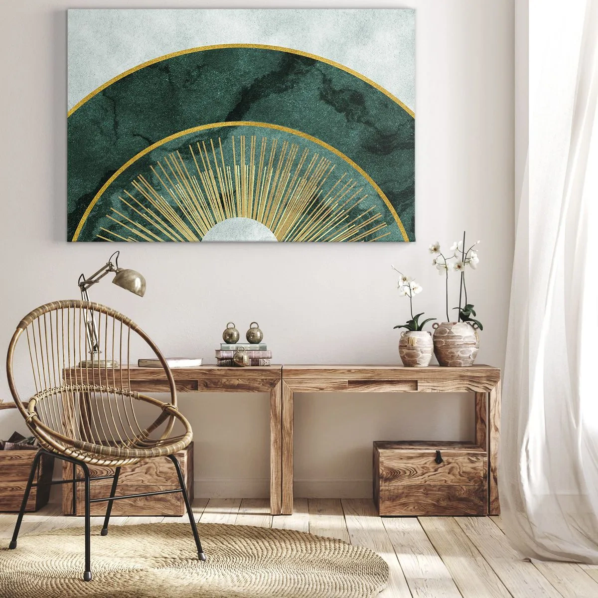 Impression sur toile - Image sur toile - Motif abstrait avec des cercles aux couleurs émeraude et or. - 70x50cm - Un autre système solaire - Décoration murale moderne pour le salon et la chambre ARTTOR