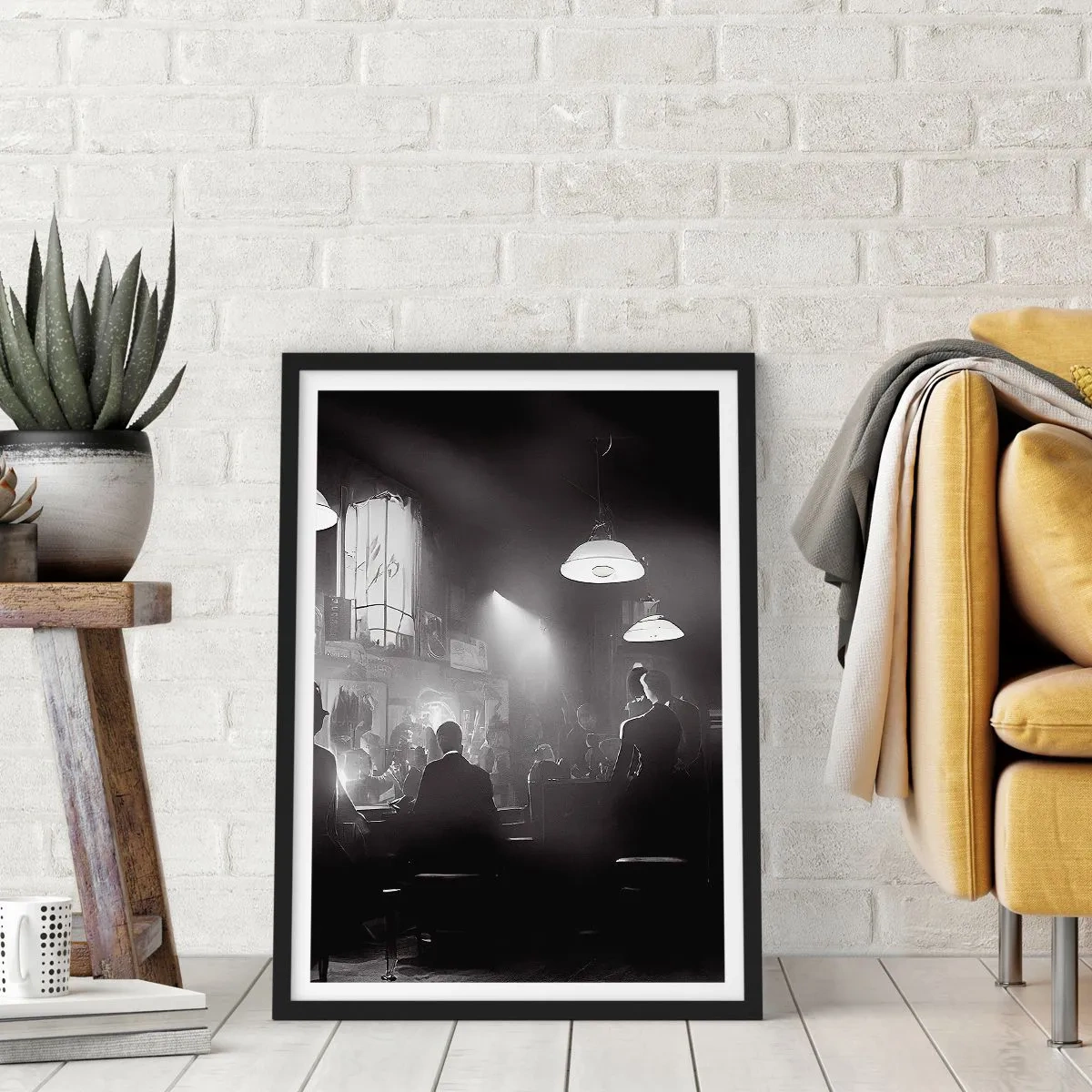 Affiche dans un cadre noir - Poster - Une scène en noir et blanc d'une boîte de nuit de jazz atmosphérique - 50x70cm - Dans une ambiance jazz - Décoration murale moderne pour le salon et la chambre ARTTOR