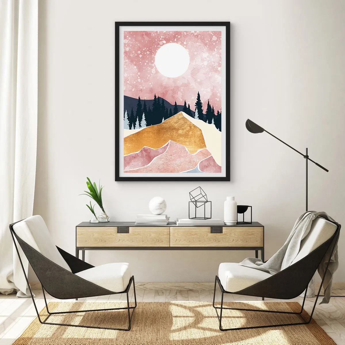 Affiche dans un cadre noir - Poster - Paysage abstrait avec forêt, montagnes et accents dorés - 50x70cm - Gardien de la nuit - Décoration murale moderne pour le salon et la chambre ARTTOR
