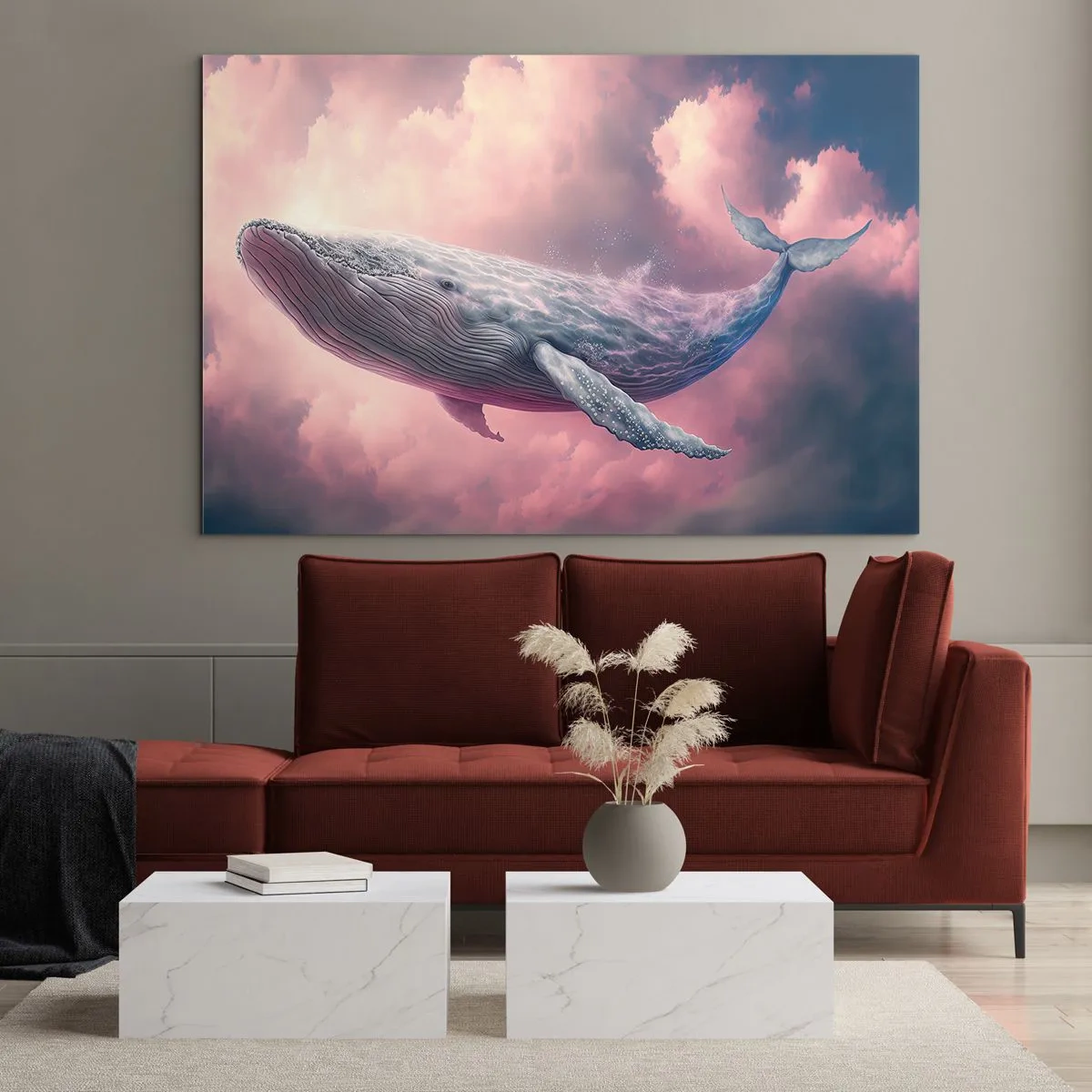 Impression sur verre - Image sur verre - Une baleine flottant dans les nuages avec une lueur rose - 70x50cm - Frottez-vous les yeux - Décoration murale moderne pour le salon et la chambre ARTTOR