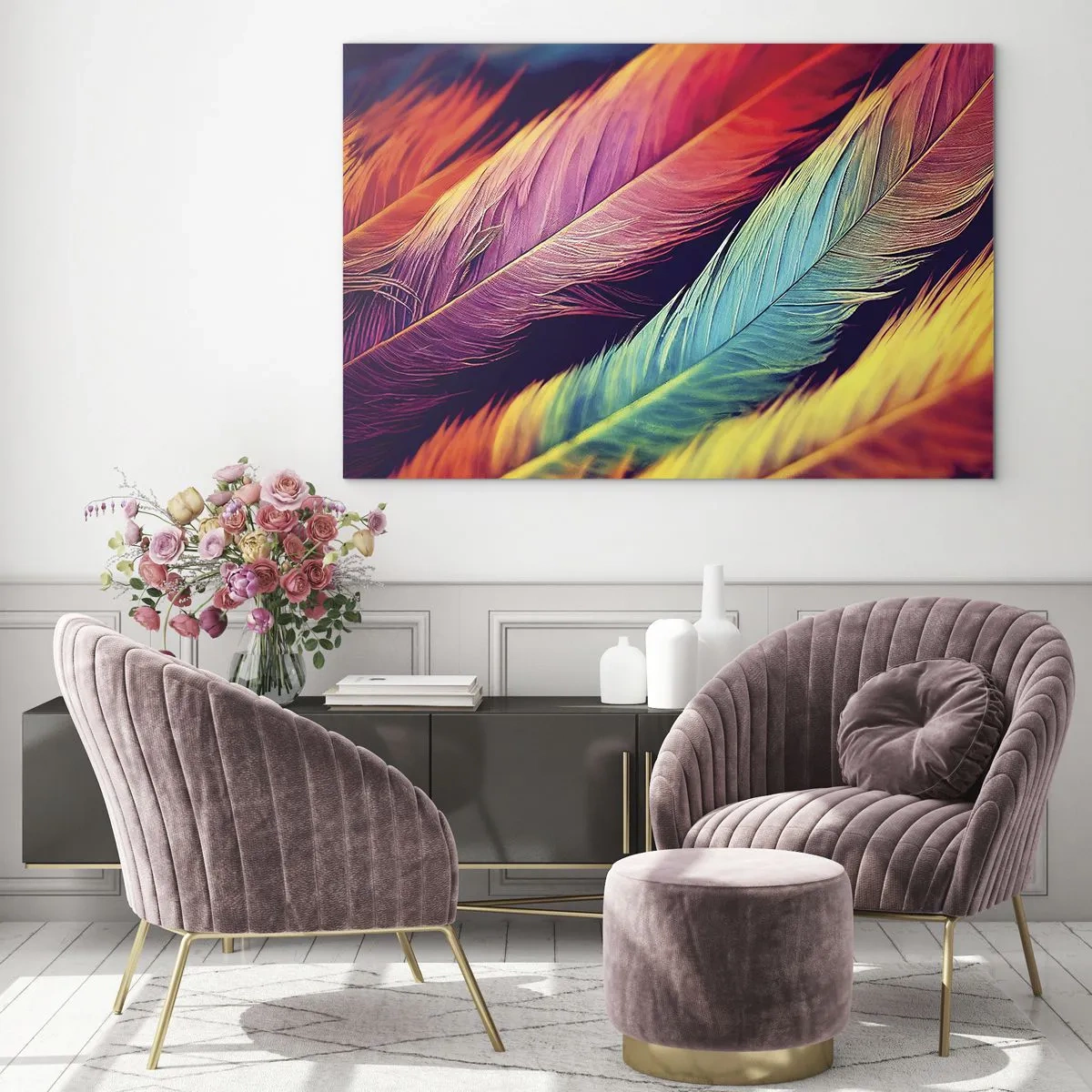 Impression sur verre - Image sur verre - Plumes colorées aux nuances arc-en-ciel intenses - 70x50cm - Arc-en-ciel de plumes - Décoration murale moderne pour le salon et la chambre ARTTOR