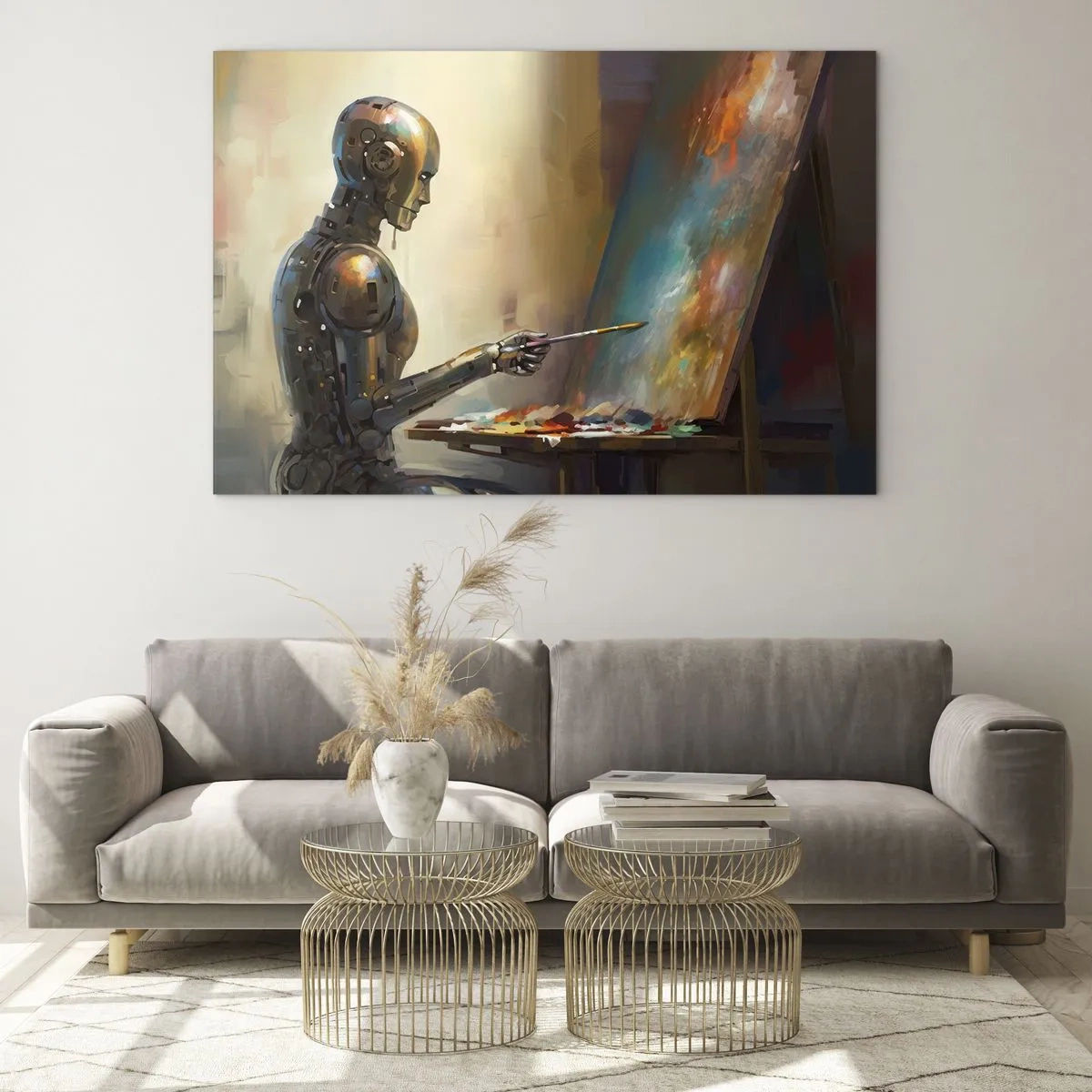 Impression sur verre - Image sur verre - Un robot peignant un tableau sur un chevalet - 70x50cm - L'art du futur - Décoration murale moderne pour le salon et la chambre ARTTOR