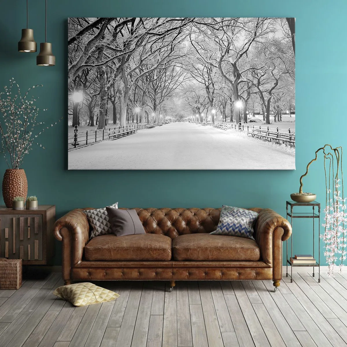 Impression sur toile - Image sur toile - Une allée d'hiver avec des arbres enneigés en monochrome - 70x50cm - Les quatres saisons – l’hiver - Décoration murale moderne pour le salon et la chambre ARTTOR