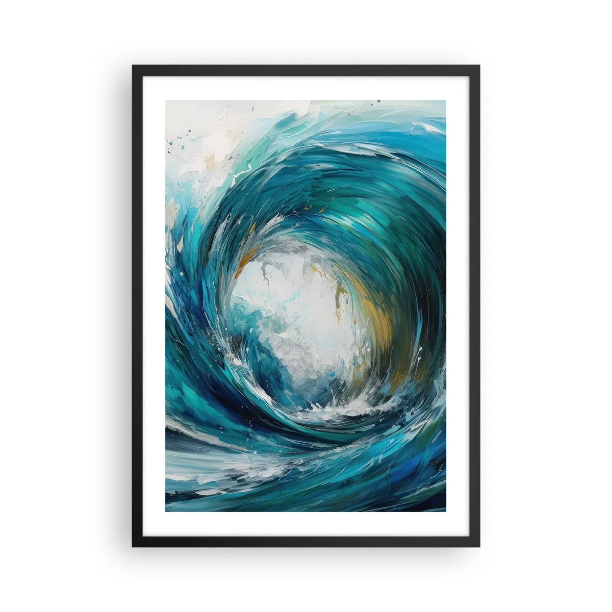 Affiche dans un cadre noir - Poster - Vague abstraite dans les tons turquoise, bleu et blanc - 50x70cm - Portail maritime - Décoration murale moderne pour le salon et la chambre ARTTOR