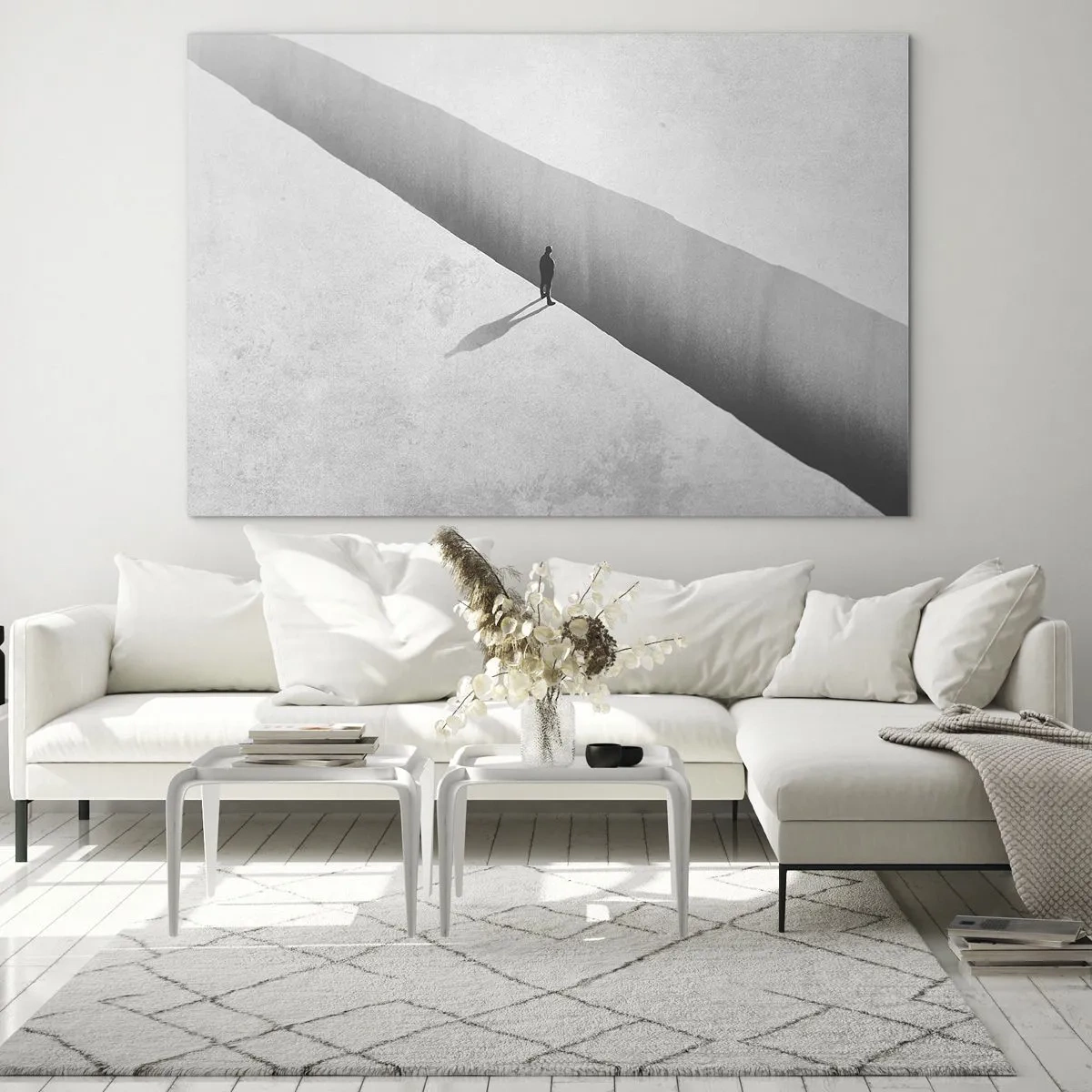Impression sur verre - Image sur verre - Une silhouette minimaliste au-dessus d'un précipice dans un espace lumineux - 70x50cm - Un objectif clair - Décoration murale moderne pour le salon et la chambre ARTTOR