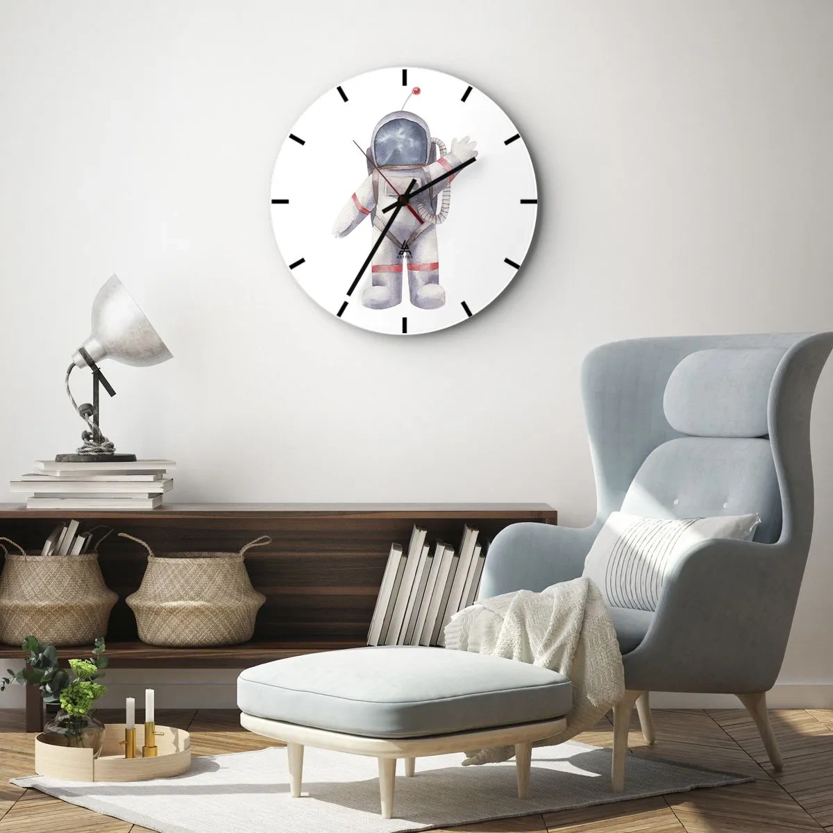 Horloge murale - Pendule murale - Illustration d'un cosmonaute avec sa main levée sur un fond blanc - 30x30cm - C'est tout pour le moment! - Décoration murale moderne pour le salon, la cuisine et la chambre ARTTOR