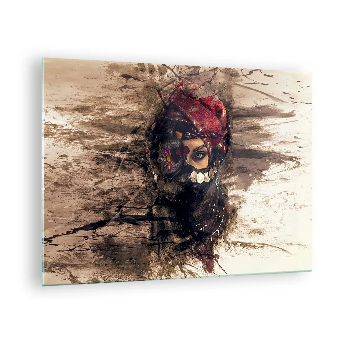 Impression sur verre - Image sur verre - Portrait d'une femme mystérieuse au turban rouge - 70x50cm - Inquiétant, c'est le moins qu'on puisse dire - Décoration murale moderne pour le salon et la chambre ARTTOR